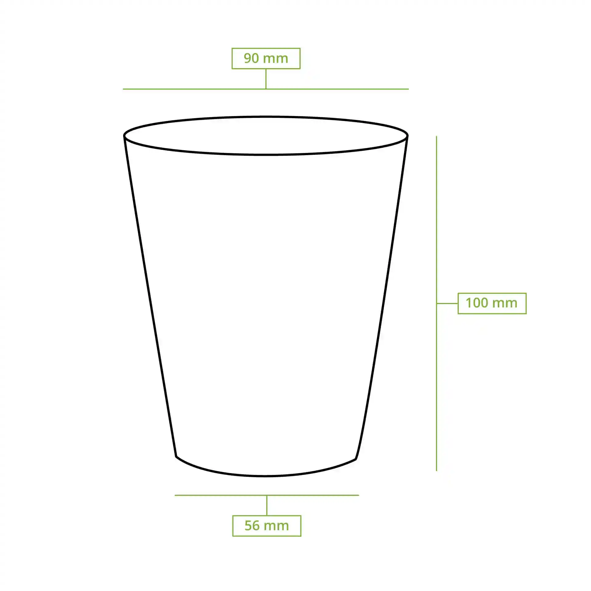 Schematic drawing of a round paper cup with dimensions: height 100 mm, top diameter 90 mm, bottom diameter 56 mm.