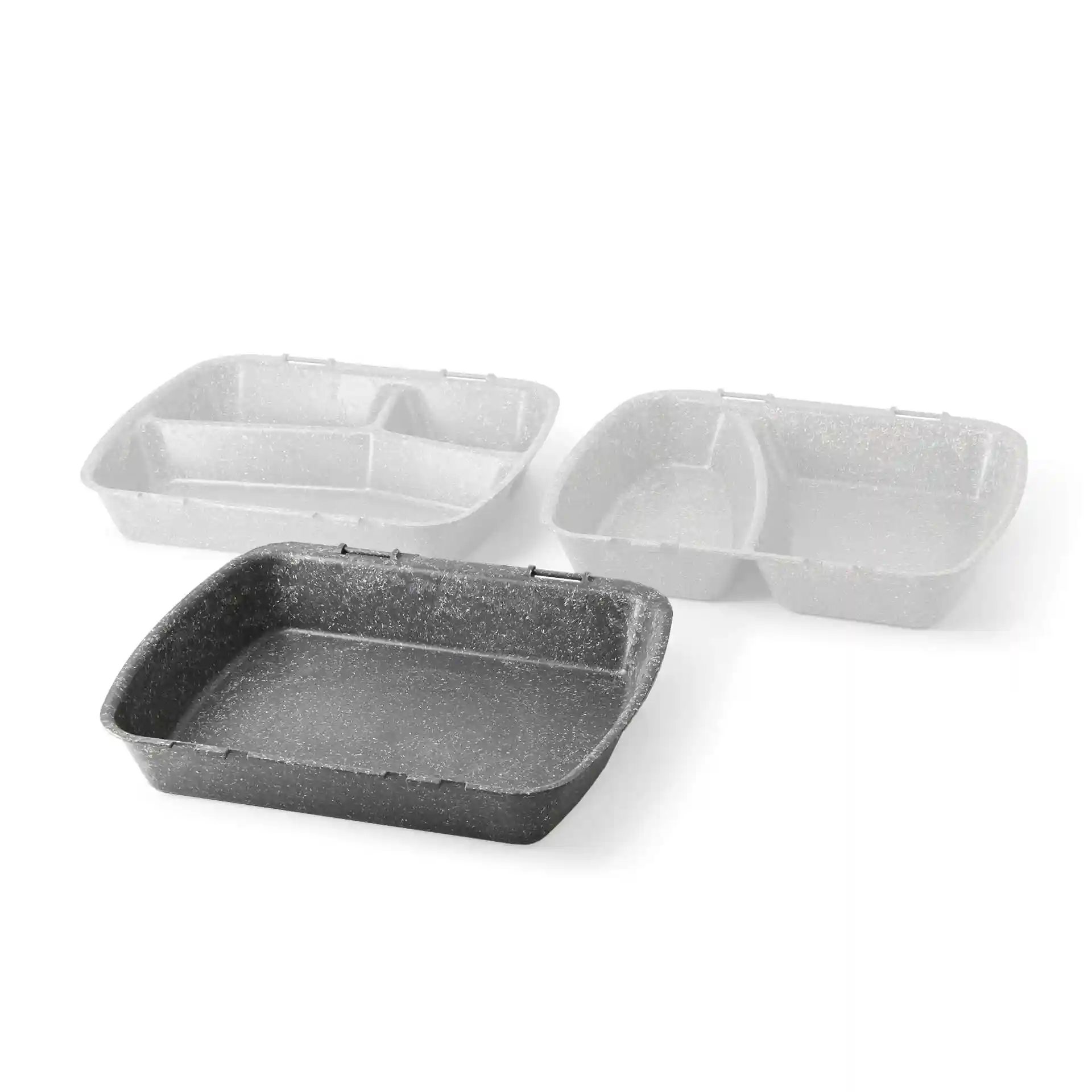 Three reusable menu containers in grey, featuring one rectangular container and two with compartments.