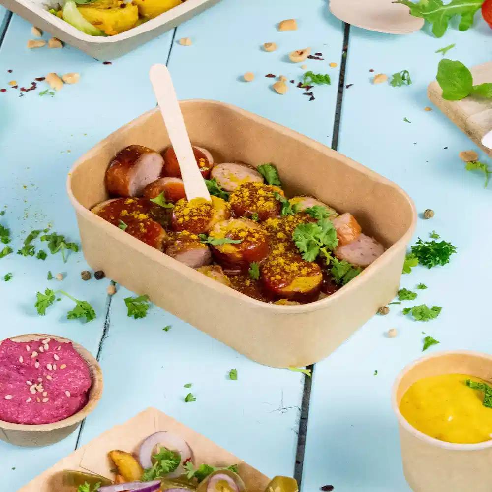 Container with sliced sausage in sauce, garnished with herbs, surrounded by various dips and garnishes on a blue surface.