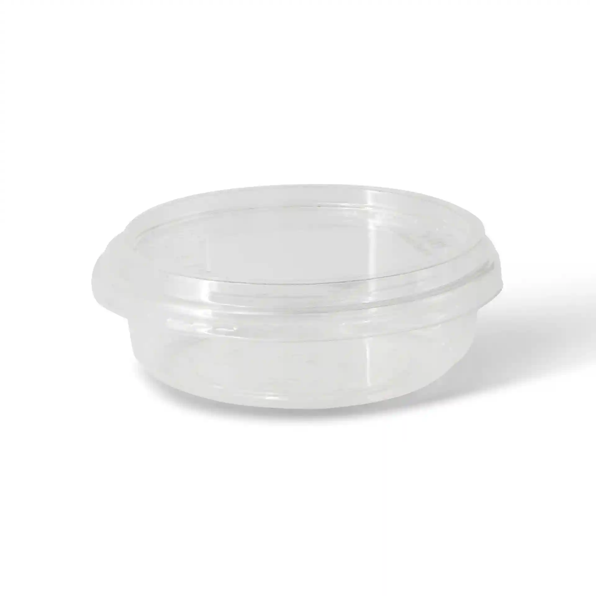 Transparent round deli container with a diameter of 120 mm and a height of 34 mm.