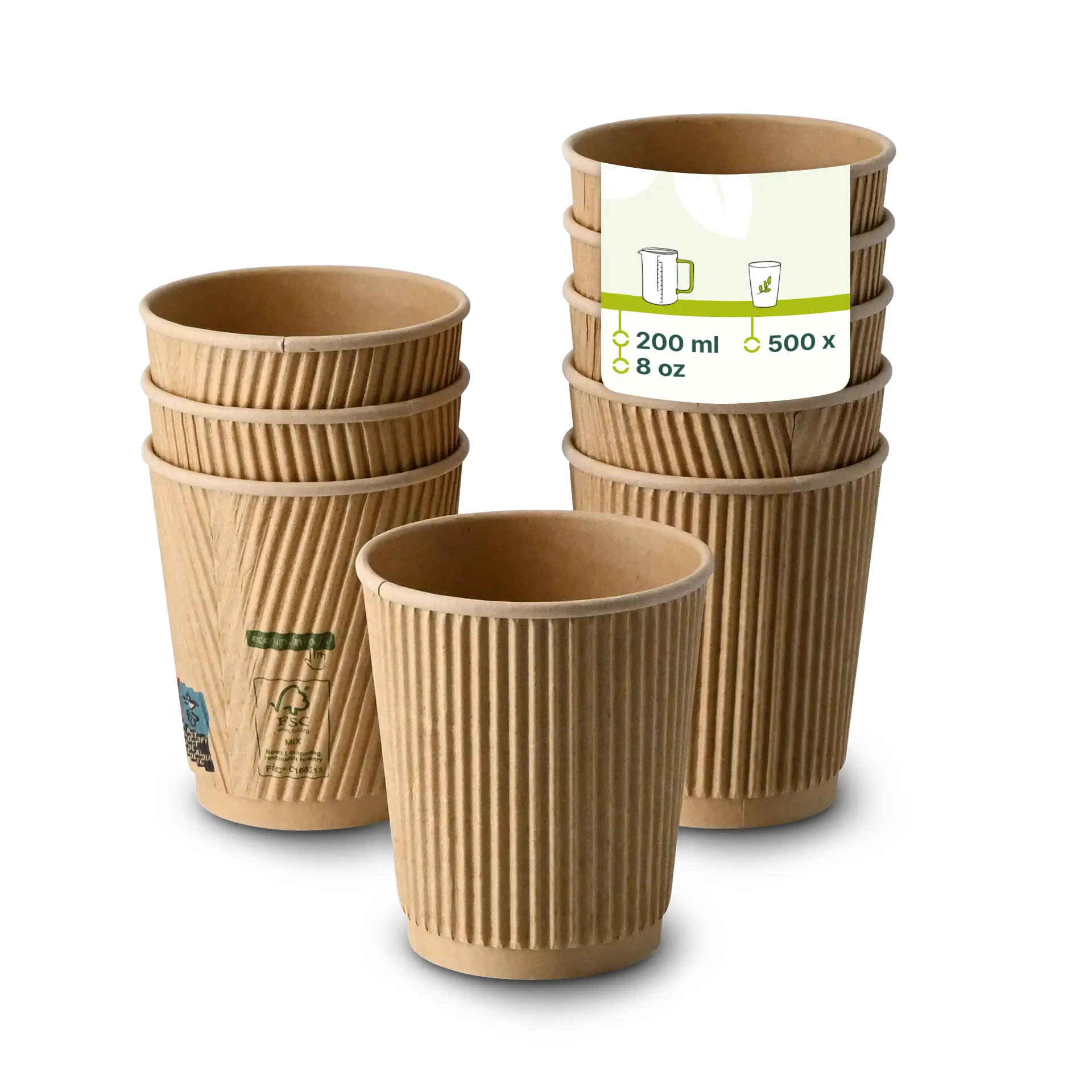 Ribbed kraft paper cups stacked, with one cup in front showing a label indicating 200 ml and 8 oz capacity.