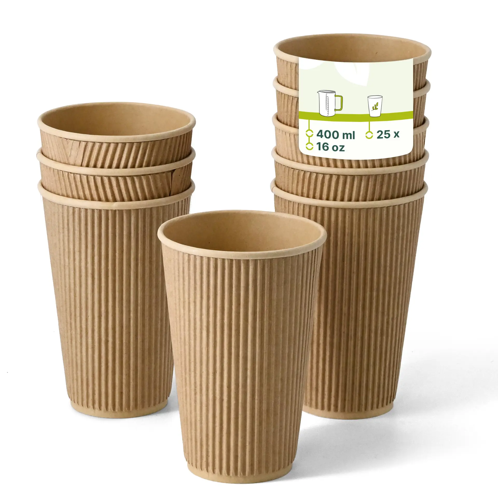 Brown ribbed disposable coffee cups stacked, featuring a label that shows capacity and quantity, suitable for hot drinks.