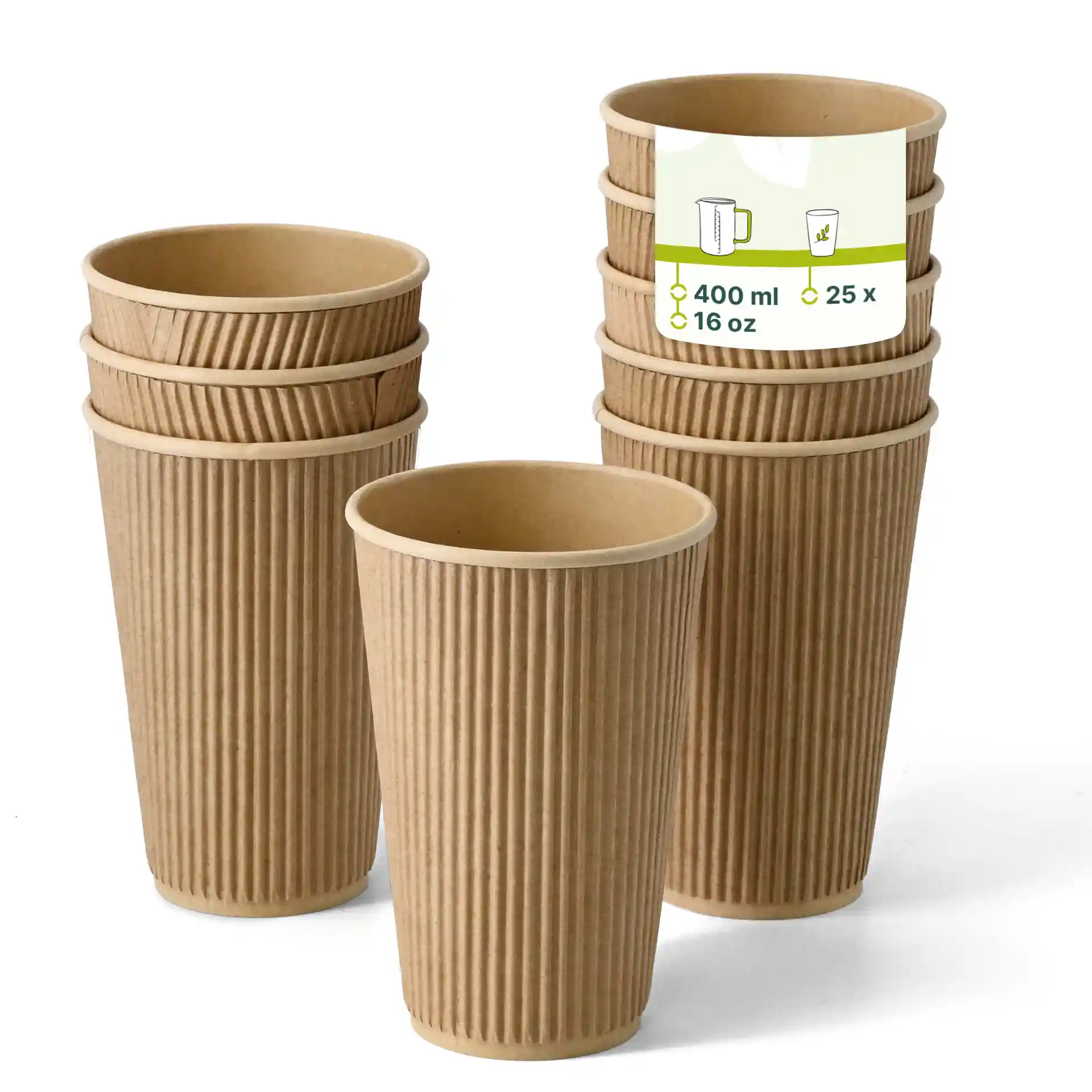 Brown ribbed paper cups stacked, with one cup in front, showing a label with capacity and quantity details.
