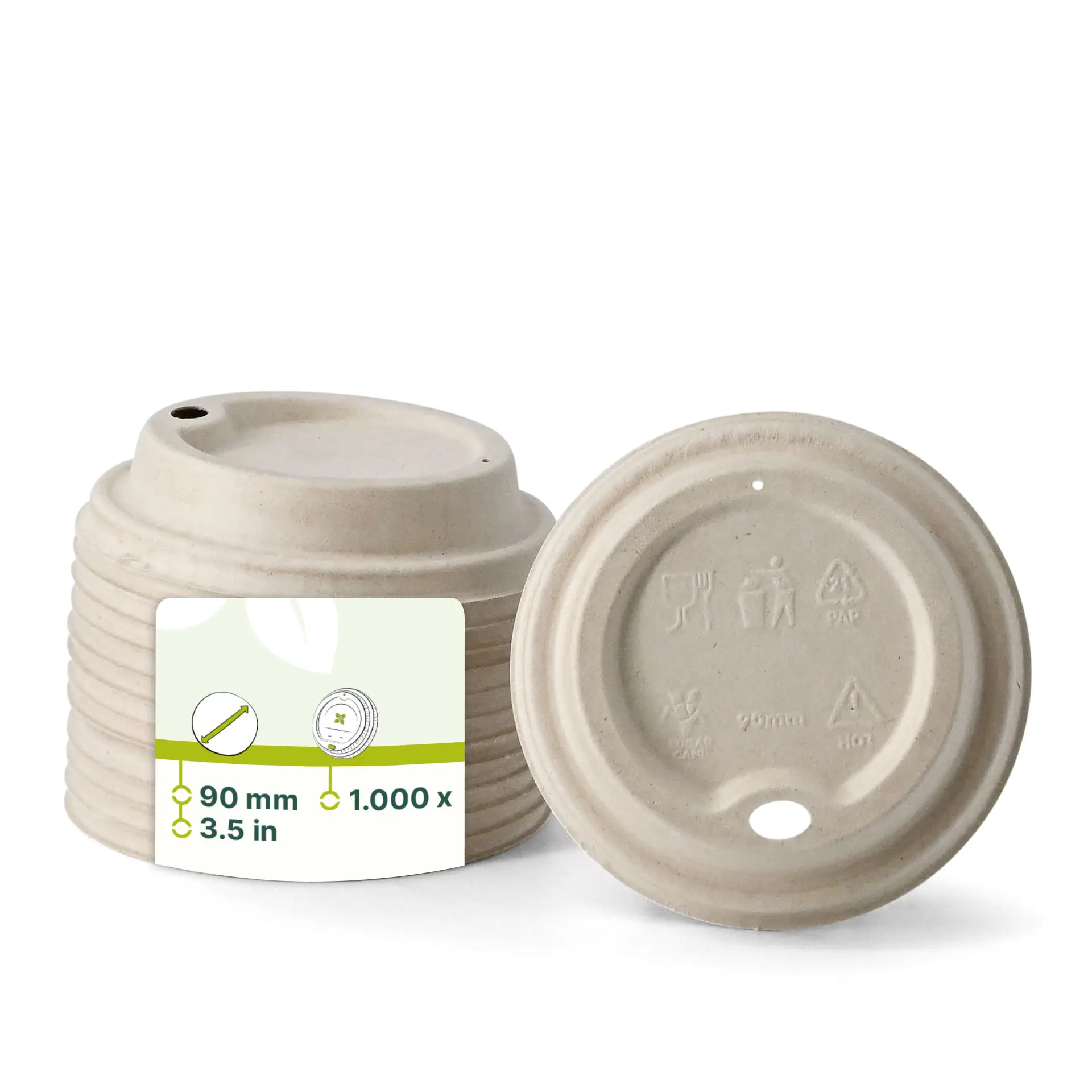 Brown sugarcane lids for paper cups with a 90 mm diameter, featuring a drinking opening for easy carrying.
