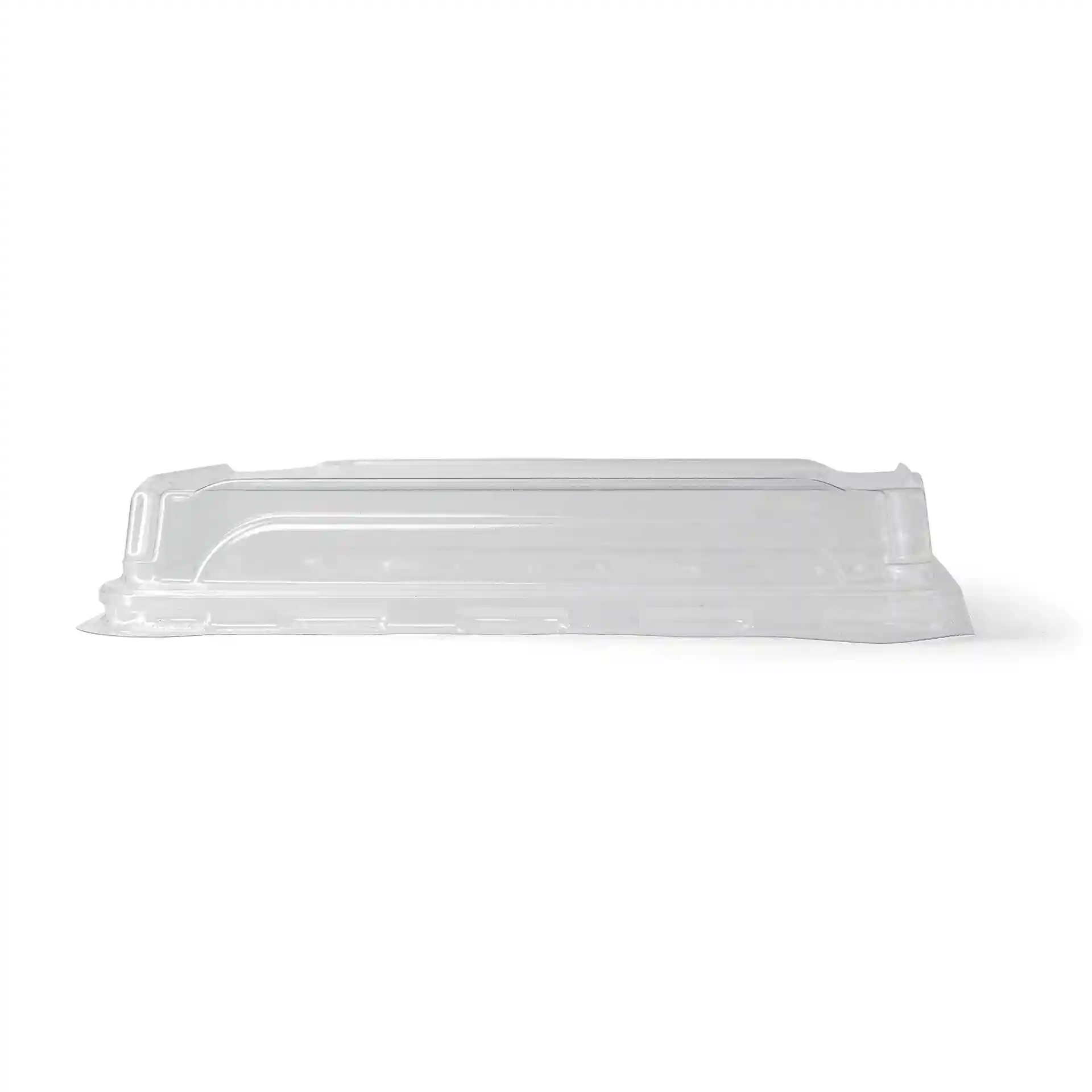 Transparent PET lid for medium sushi boxes, measuring 22 x 14 cm with a height of 3 cm.