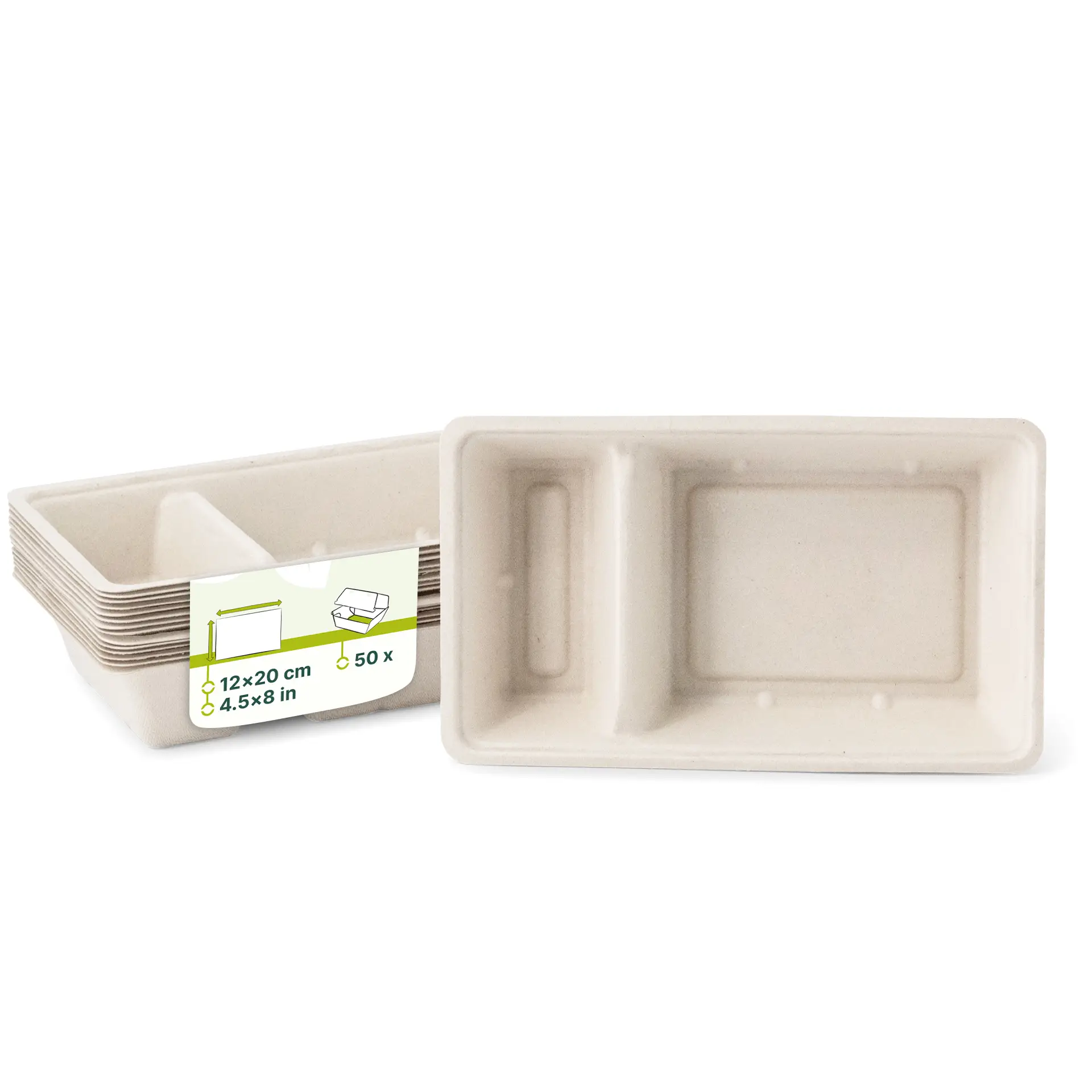 Sugarcane chip tray, 2 compartments, 12 x 20 x 3,5 cm Sugarcane chip tray, 2 compartments, 12 x 20 x 3,5 cm