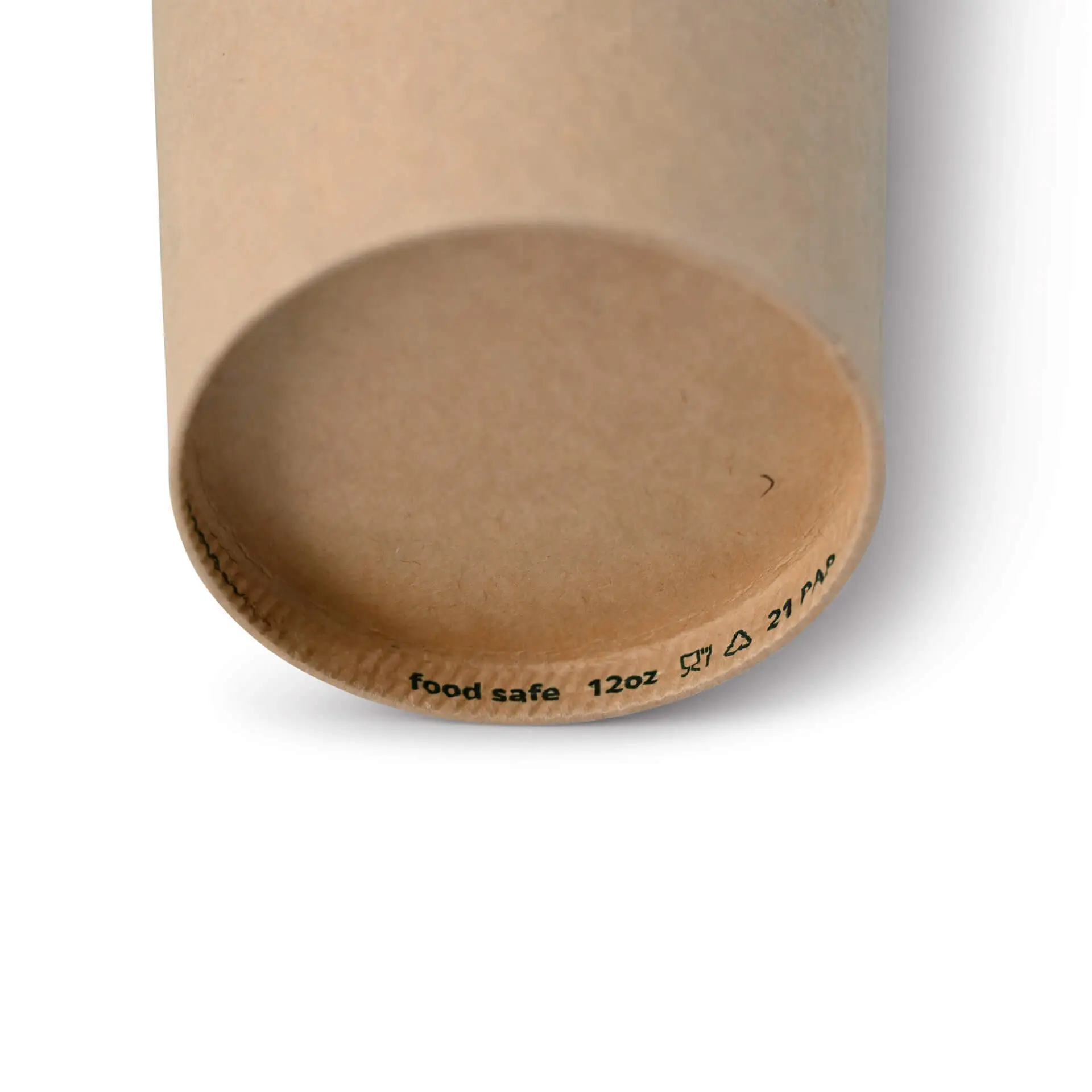 Brown cardboard cup with a round shape, showing the bottom and markings for size and safety.