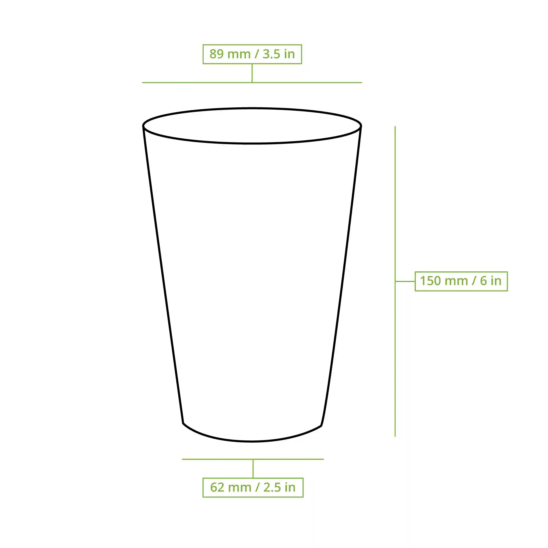 Schematic drawing of a paper cup with dimensions: height 150 mm, top diameter 90 mm, and base diameter 62 mm.