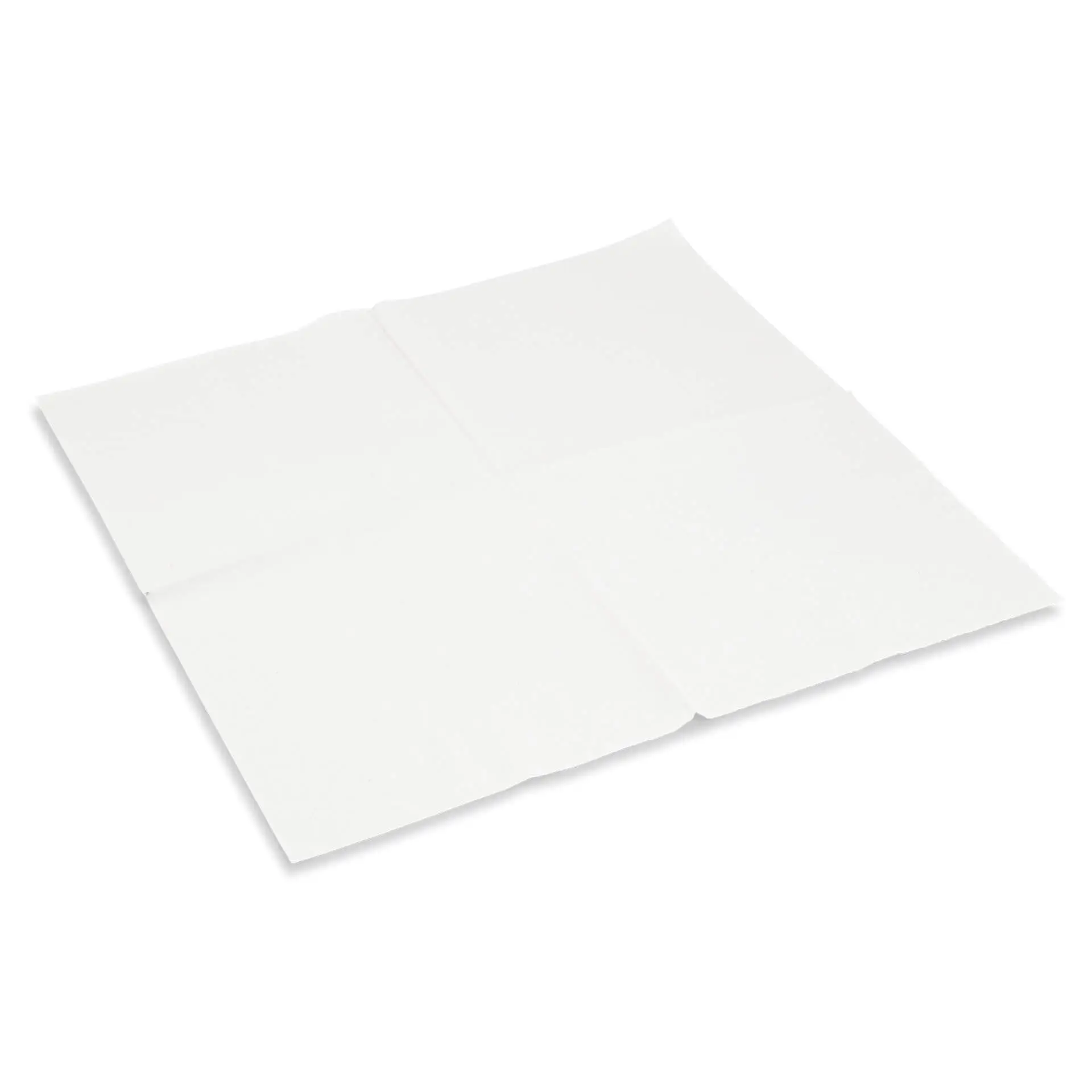 White, square, 2-ply recycled paper napkin, 33 x 33 cm, with a recycling symbol printed in black.