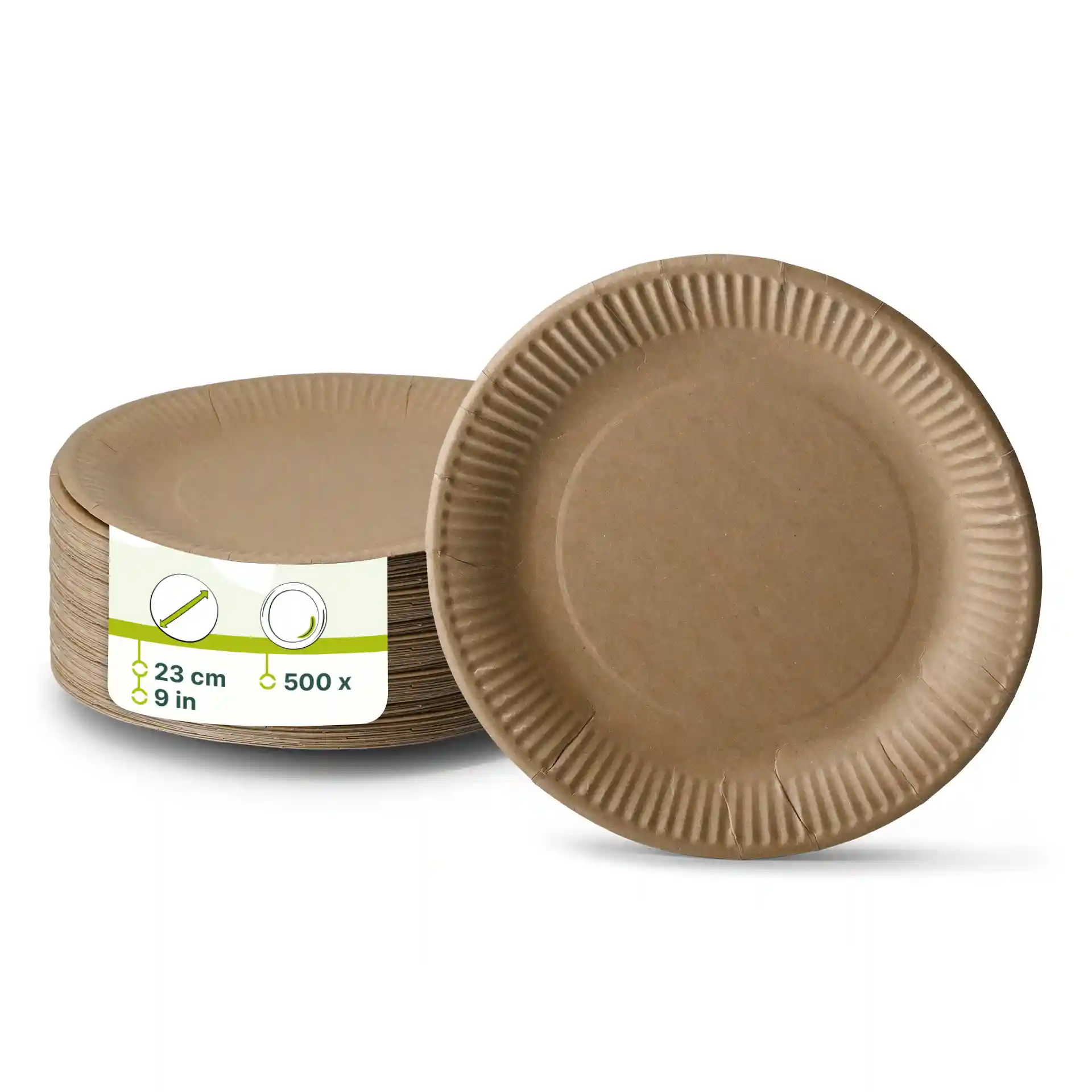 Brown paper plates, round shape, 23 cm diameter, stacked with a label showing product details.