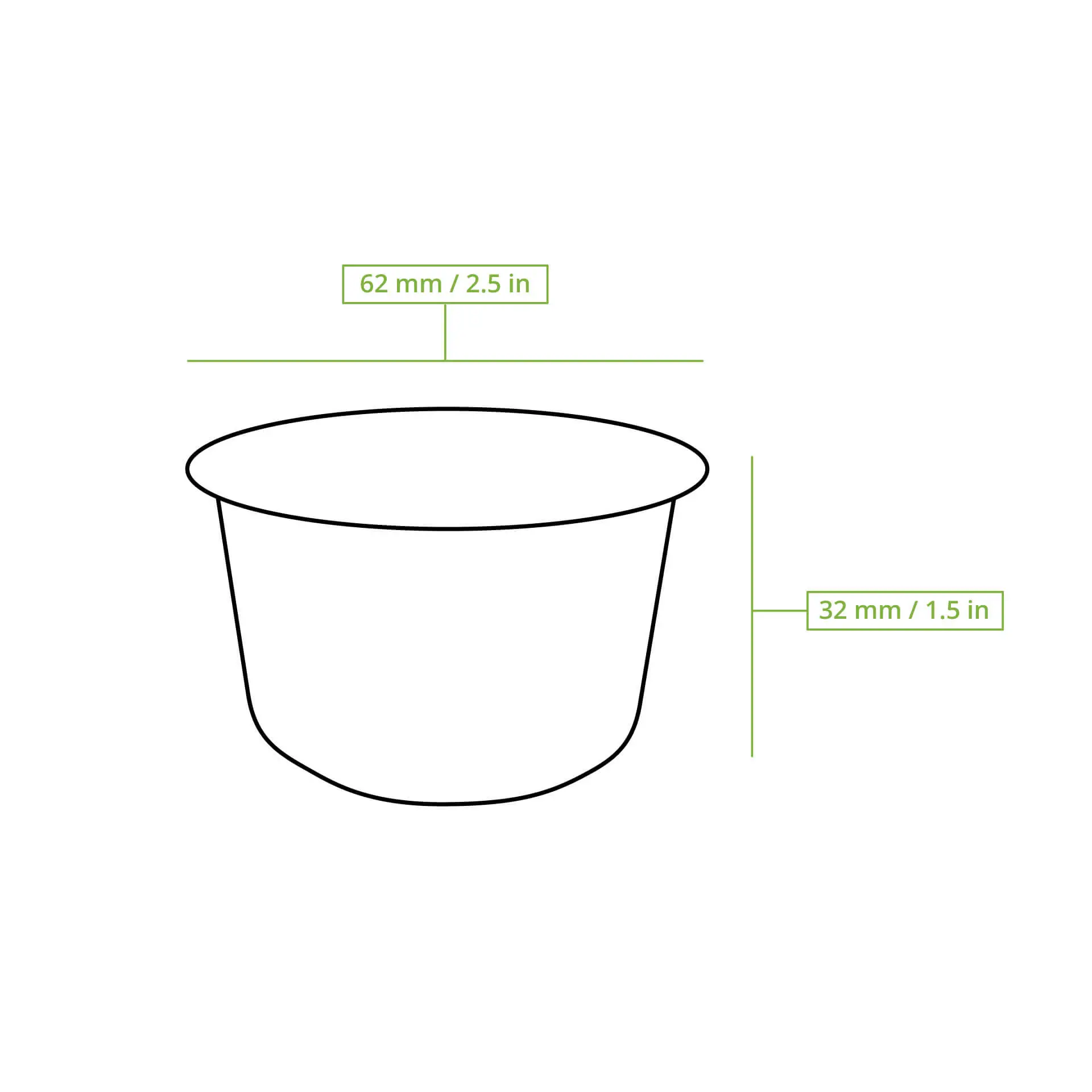 Small biodegradable dipping bowl made from sugarcane, measuring 62 mm in diameter and 32 mm in height. Suitable for sauces.
