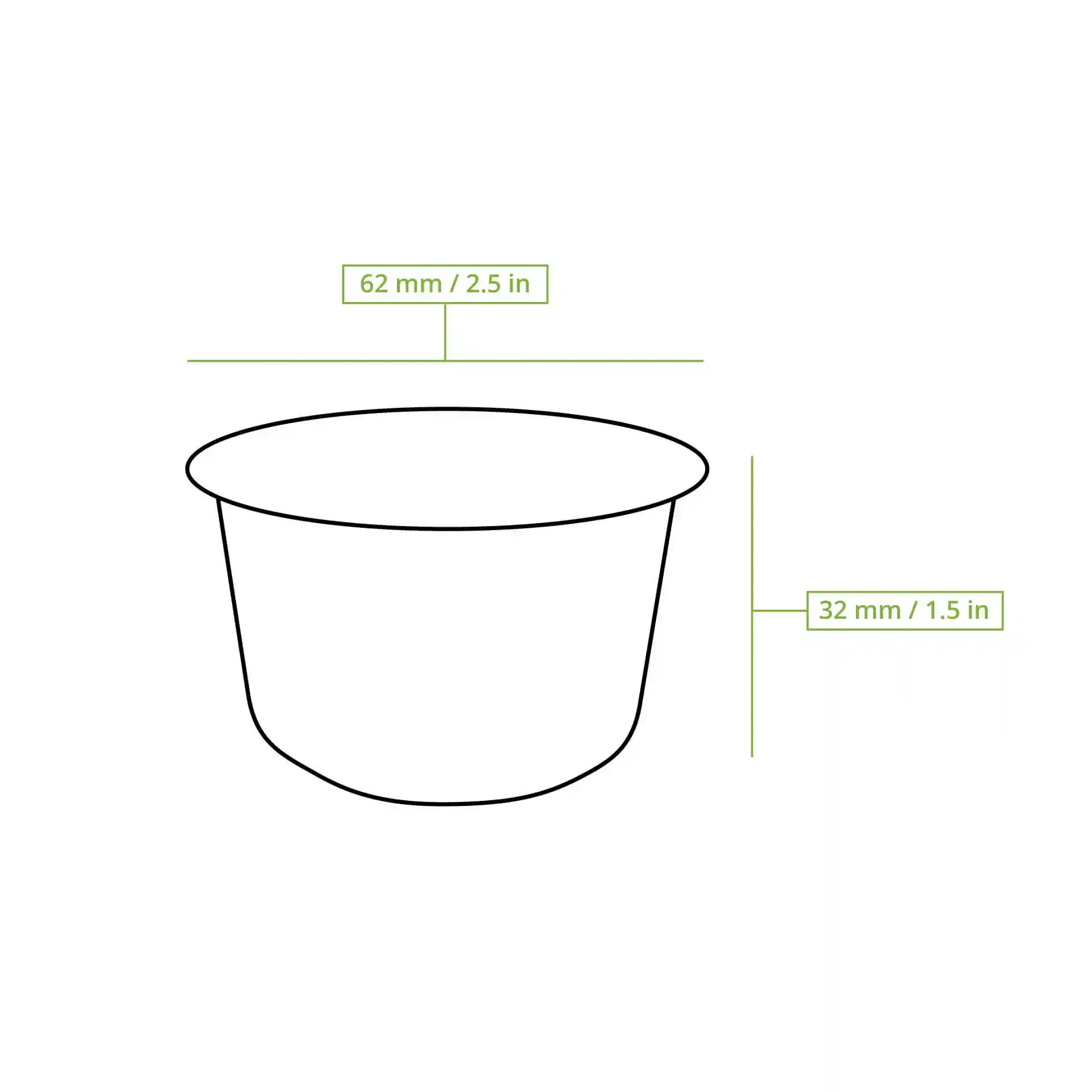 Schematic drawing of a bagasse dip bowl with dimensions 62 mm diameter and 32 mm height.