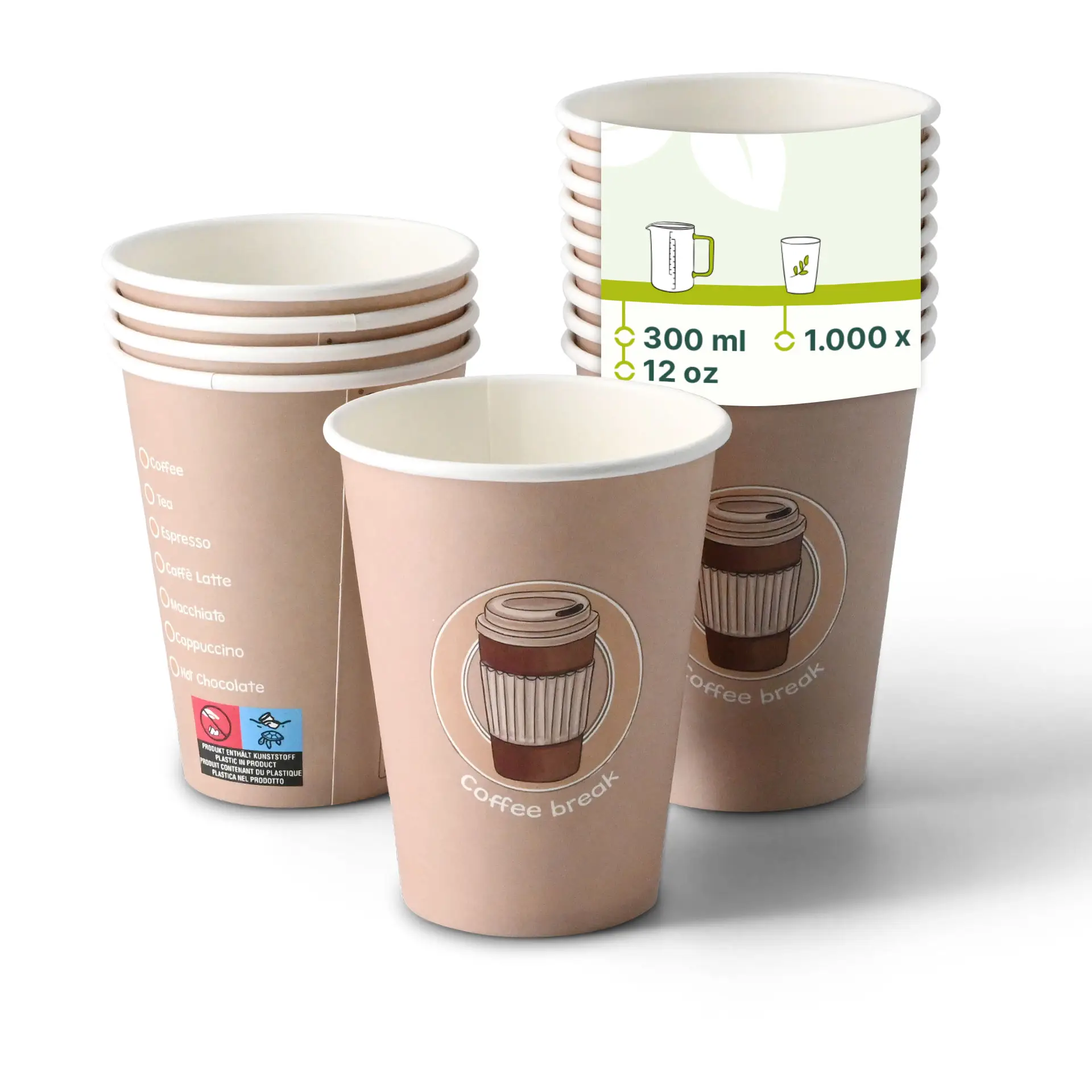 One printed 12 oz paper cup featuring "Coffeebreak" design, surrounded by several similar cups with reduced opacity.