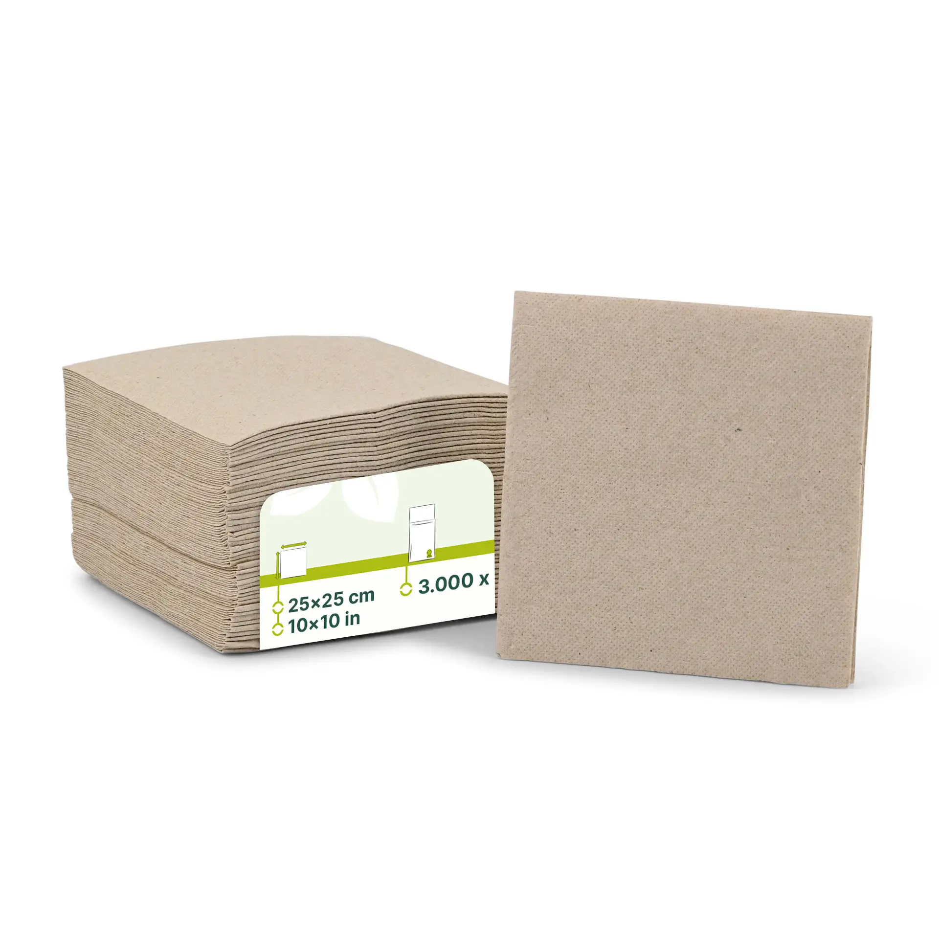Stack of unbleached, 2-ply recycled paper napkins, 25 x 25 cm, with a single napkin displayed upright.