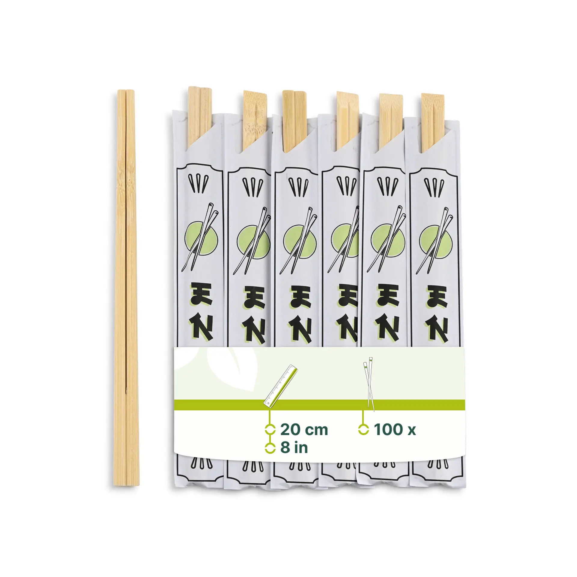 Set of bamboo chopsticks, 20 cm, wrapped in paper, suitable for Asian takeaway boxes and noodle dishes.