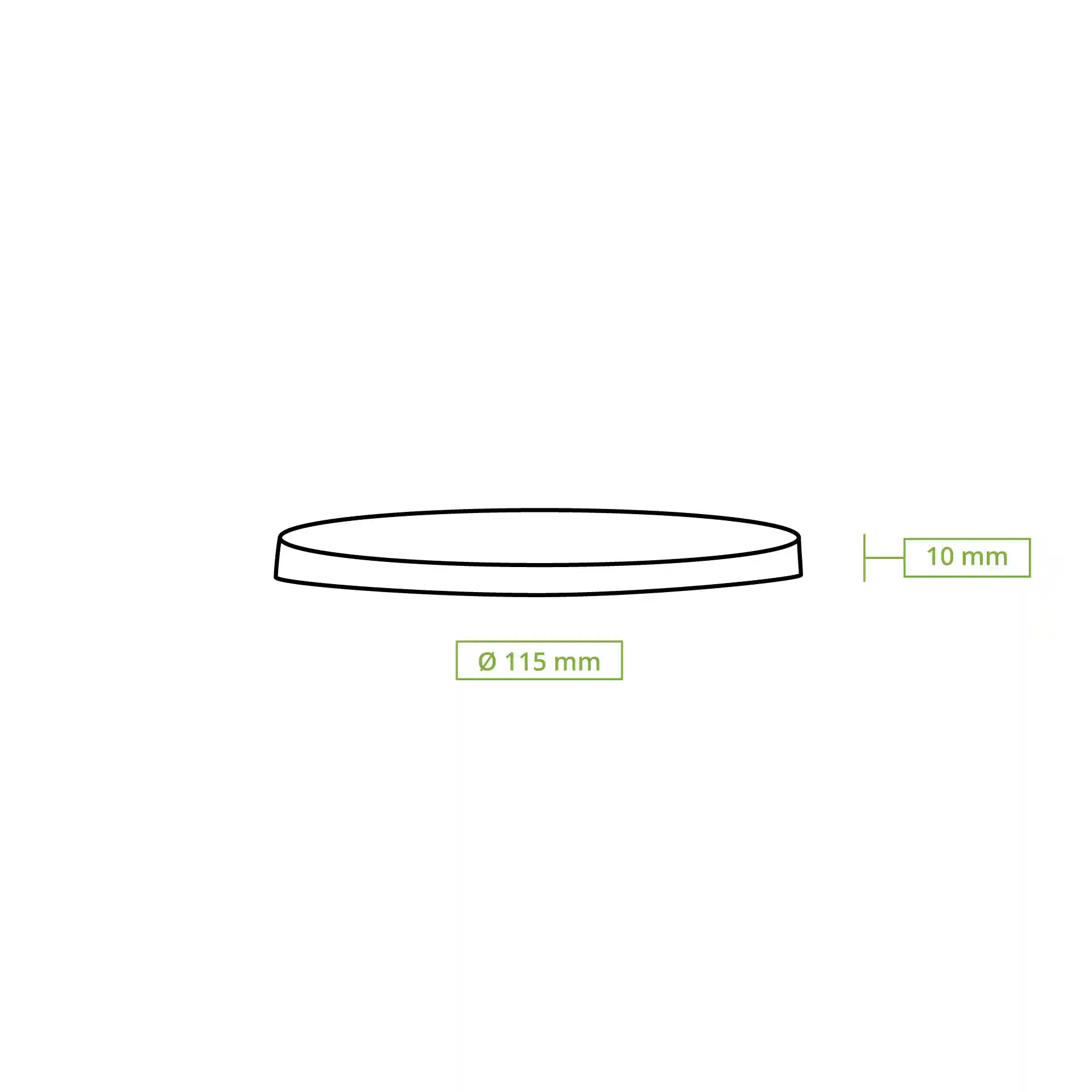 Schematic drawing of a flat cardboard lid with a diameter of 115 mm and a height of 10 mm.
