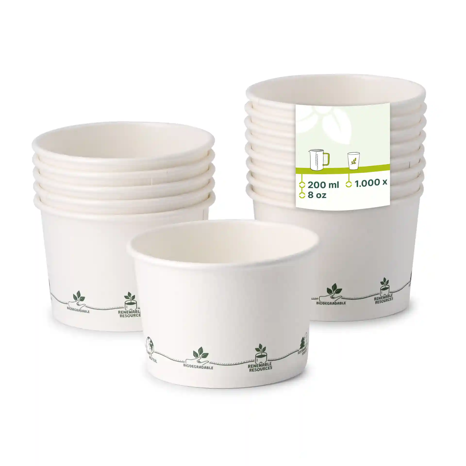 Stack of eight 8 oz cardboard soup cups with printed designs, showing one cup in front and a label with icons.