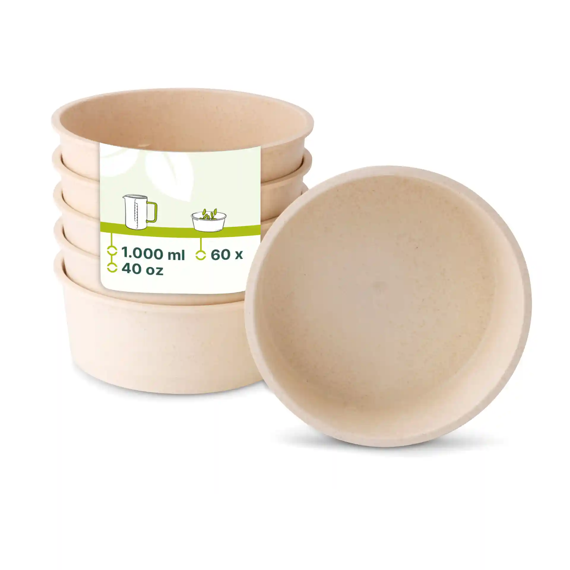 Stack of five cream white reusable bowls made from bio compound, with one bowl shown upside down.