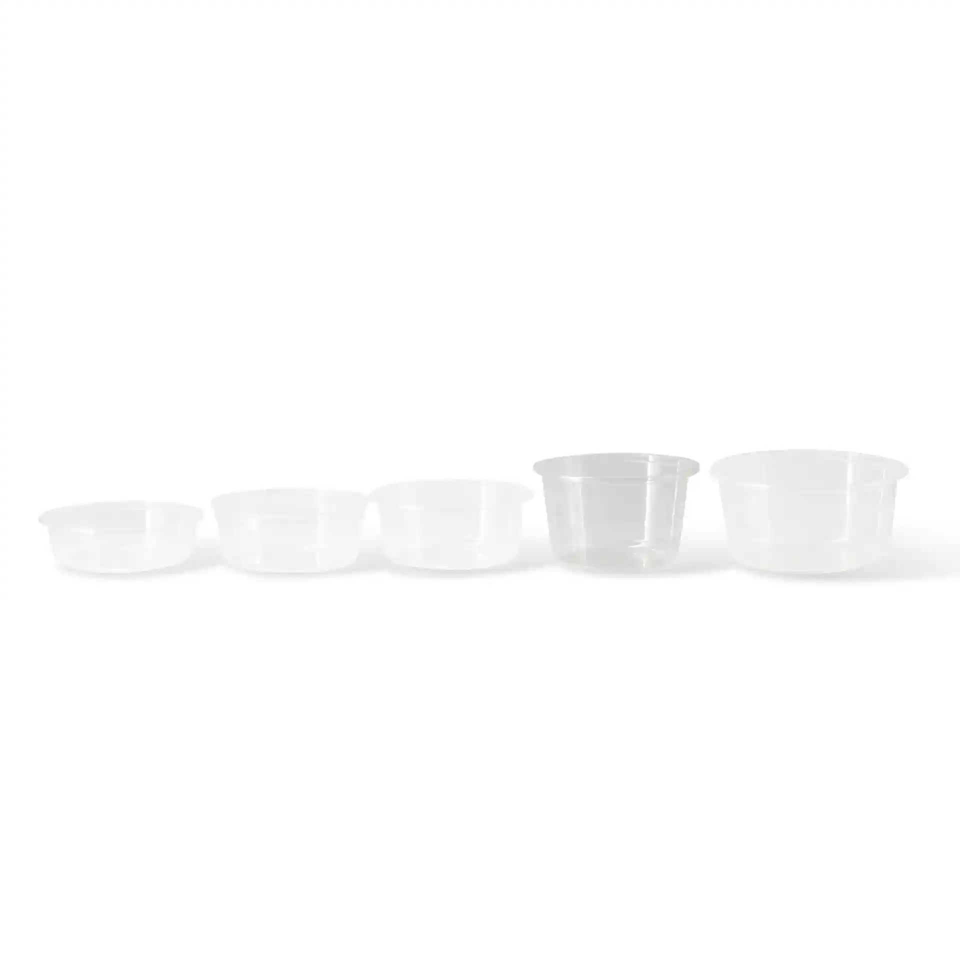 Set of five transparent round deli containers in varying sizes, with the largest measuring 121 mm in diameter.