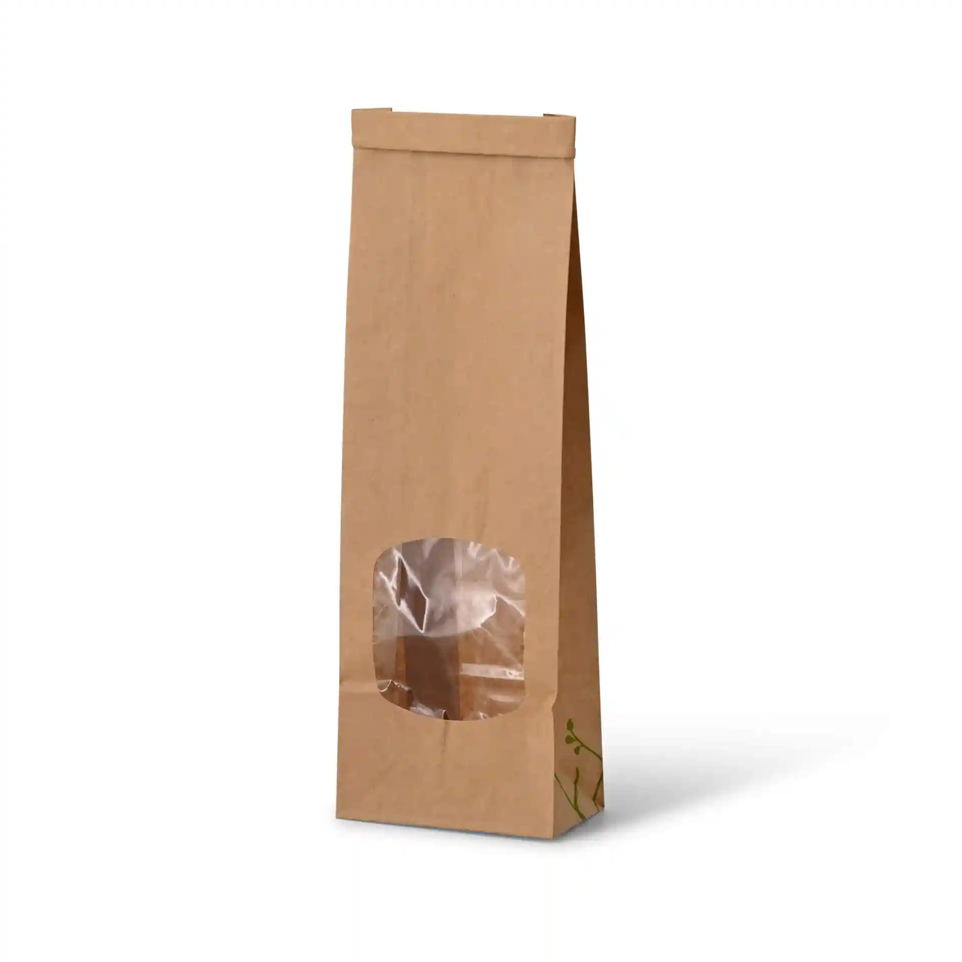 Brown kraft paper block bottom bag with a transparent window, measuring 8.8 x 4.7 x 26 cm.