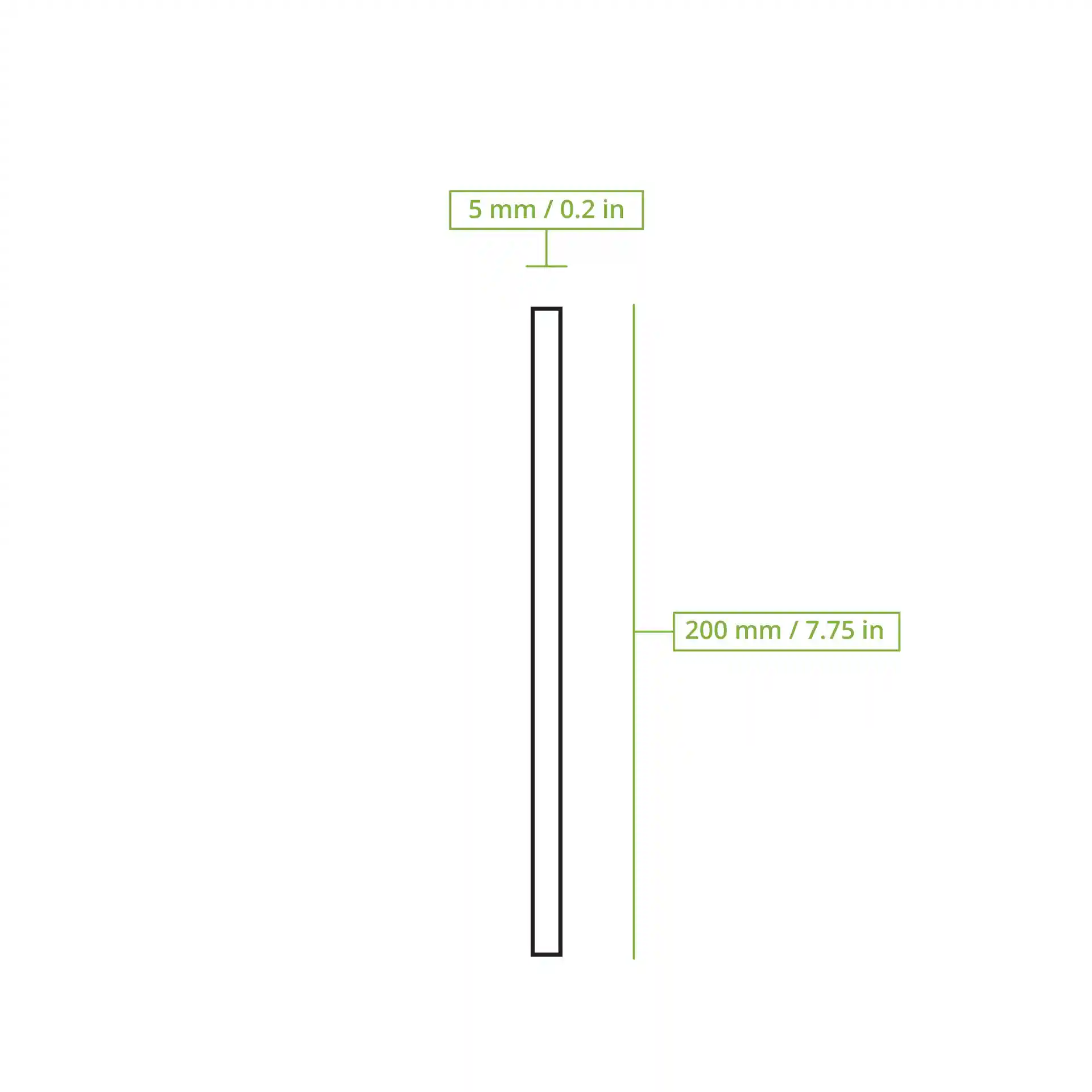 Schematic drawing of a white paper straw with dimensions of 200 mm length and 5 mm diameter.