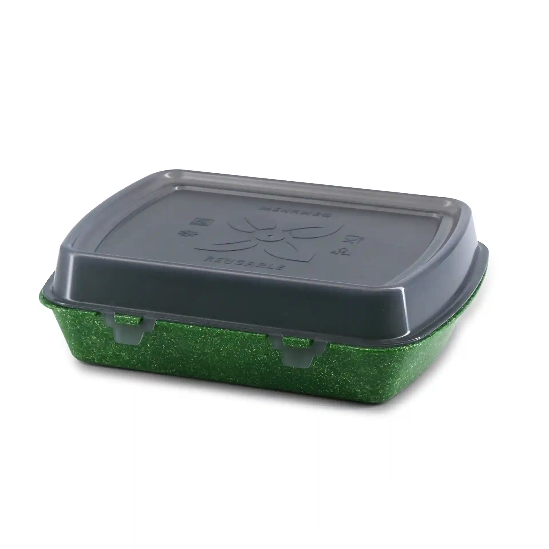 Rectangular green reusable container with a dark gray lid, measuring 24.5 x 20 x 4.5 cm.