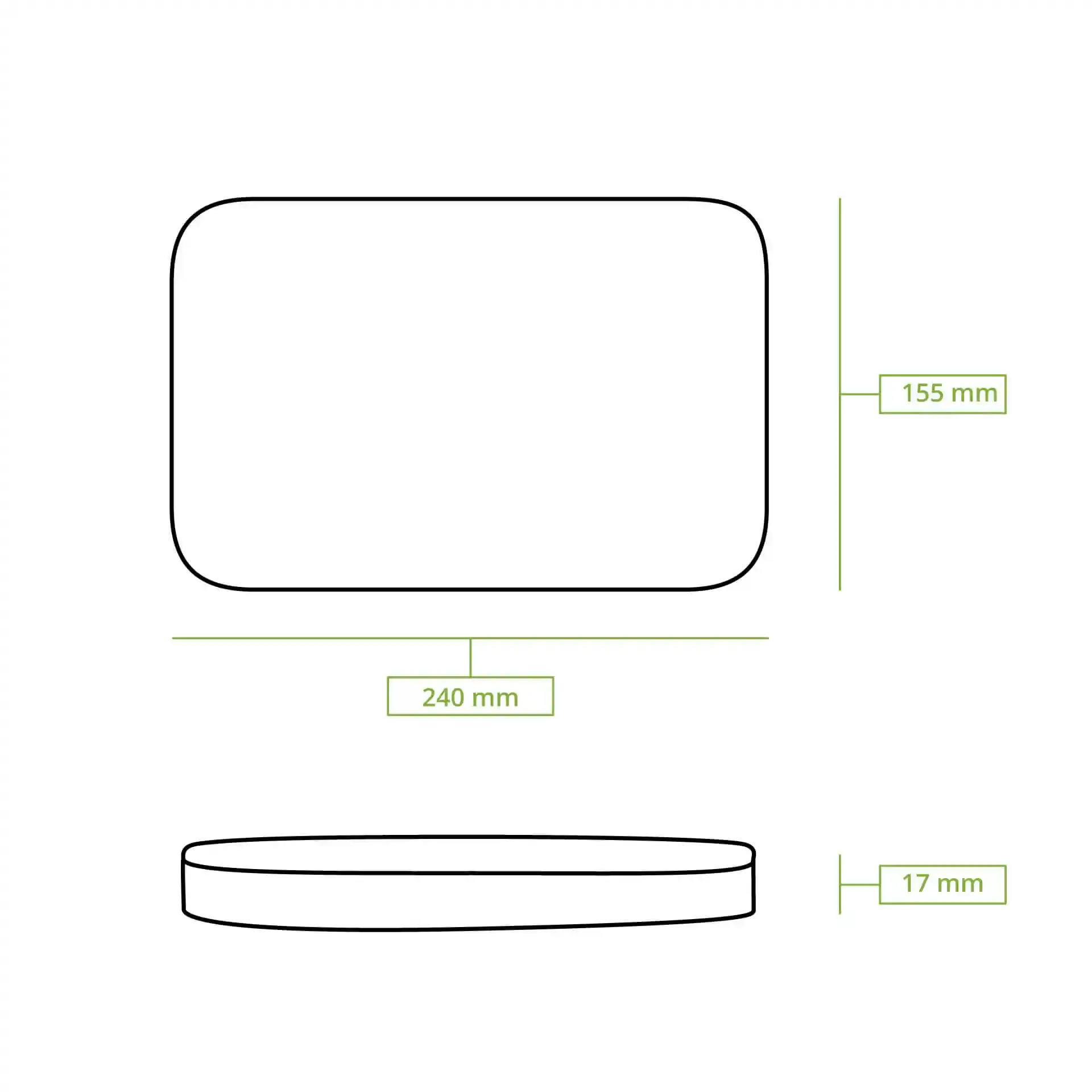 Schematic drawing of a rectangular container with dimensions 240 mm by 155 mm and height 17 mm.