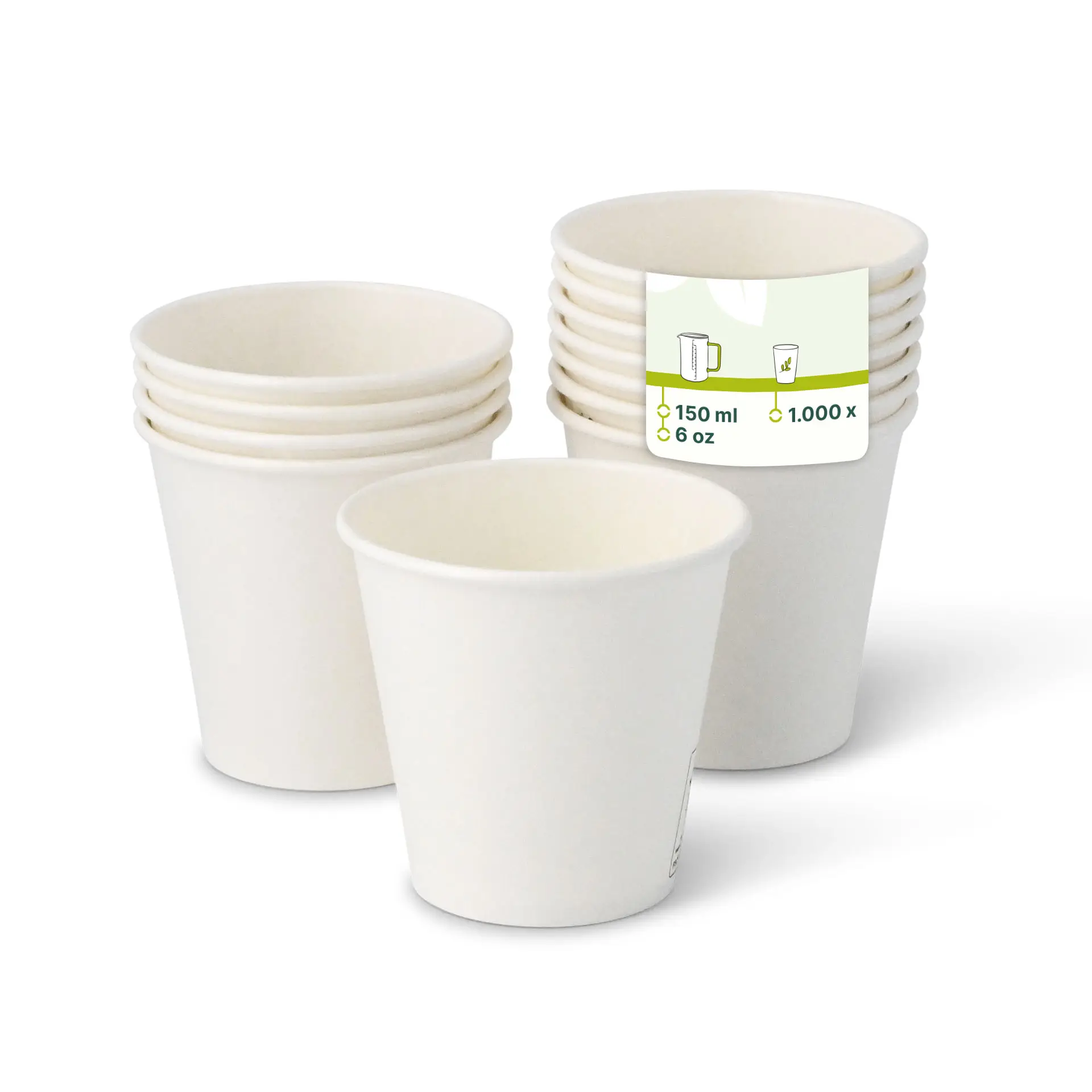 White paper cups stacked, with one cup in front, showing a label indicating 150 ml capacity and 6 oz size.