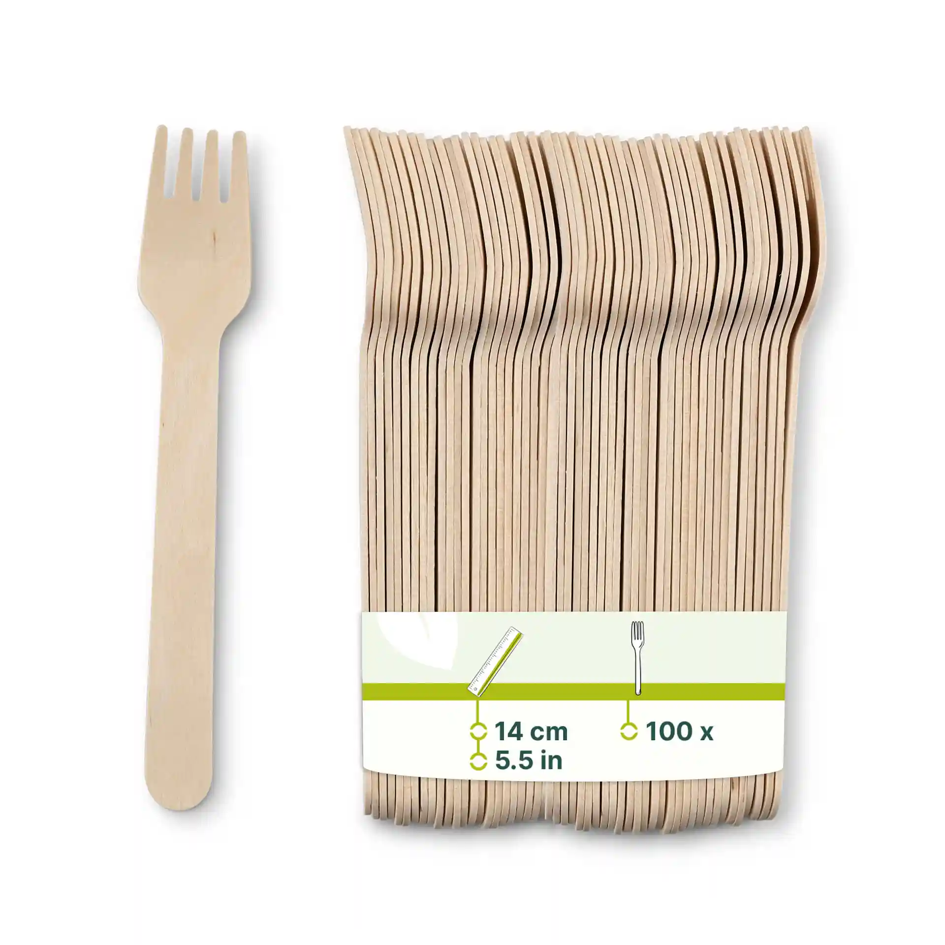 Wooden cake fork, 14 cm long, with a pack of multiple forks displayed alongside a label showing dimensions and quantity.