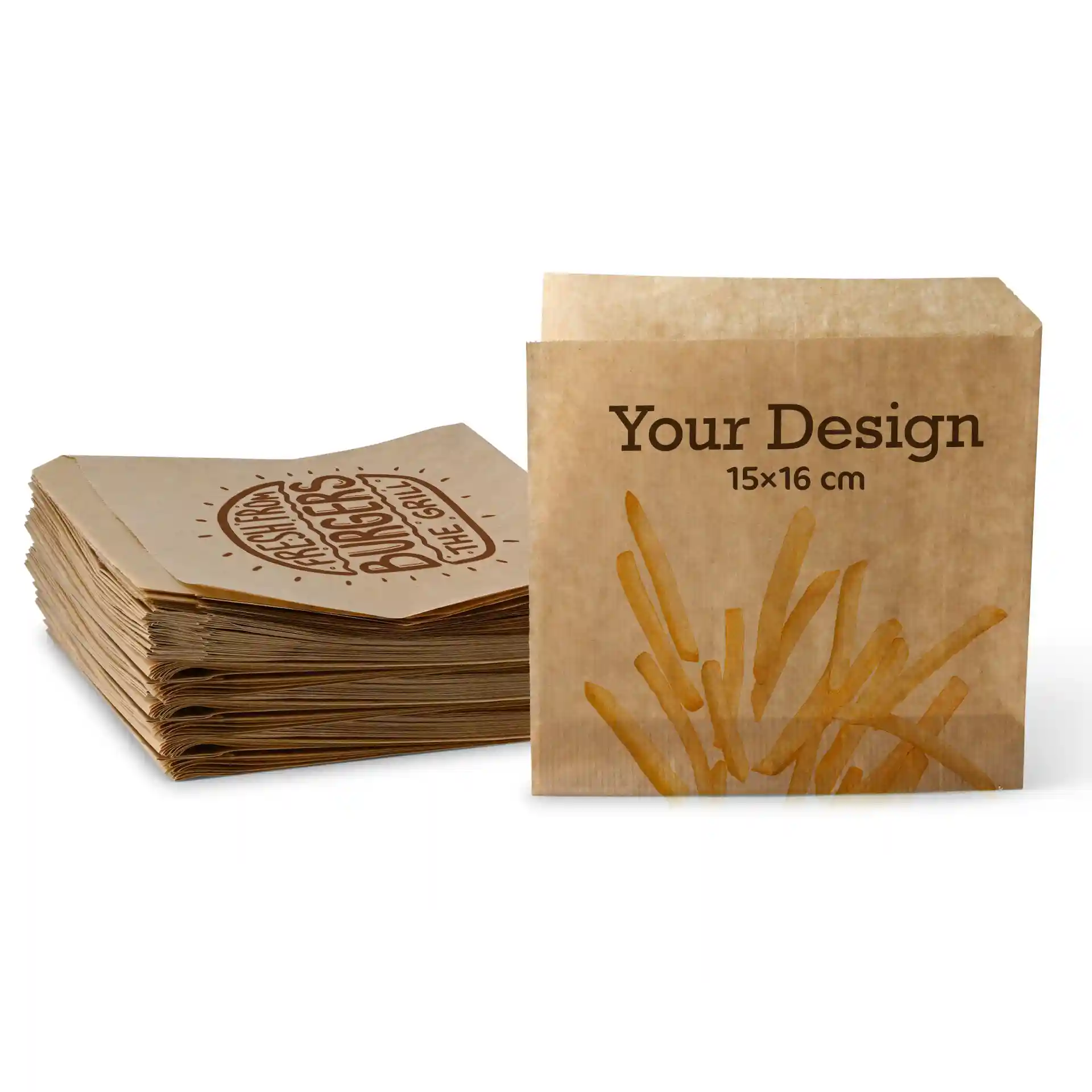 Brown printed burger sleeves measuring 16 x 15 cm, stacked with a design featuring fries on the front.