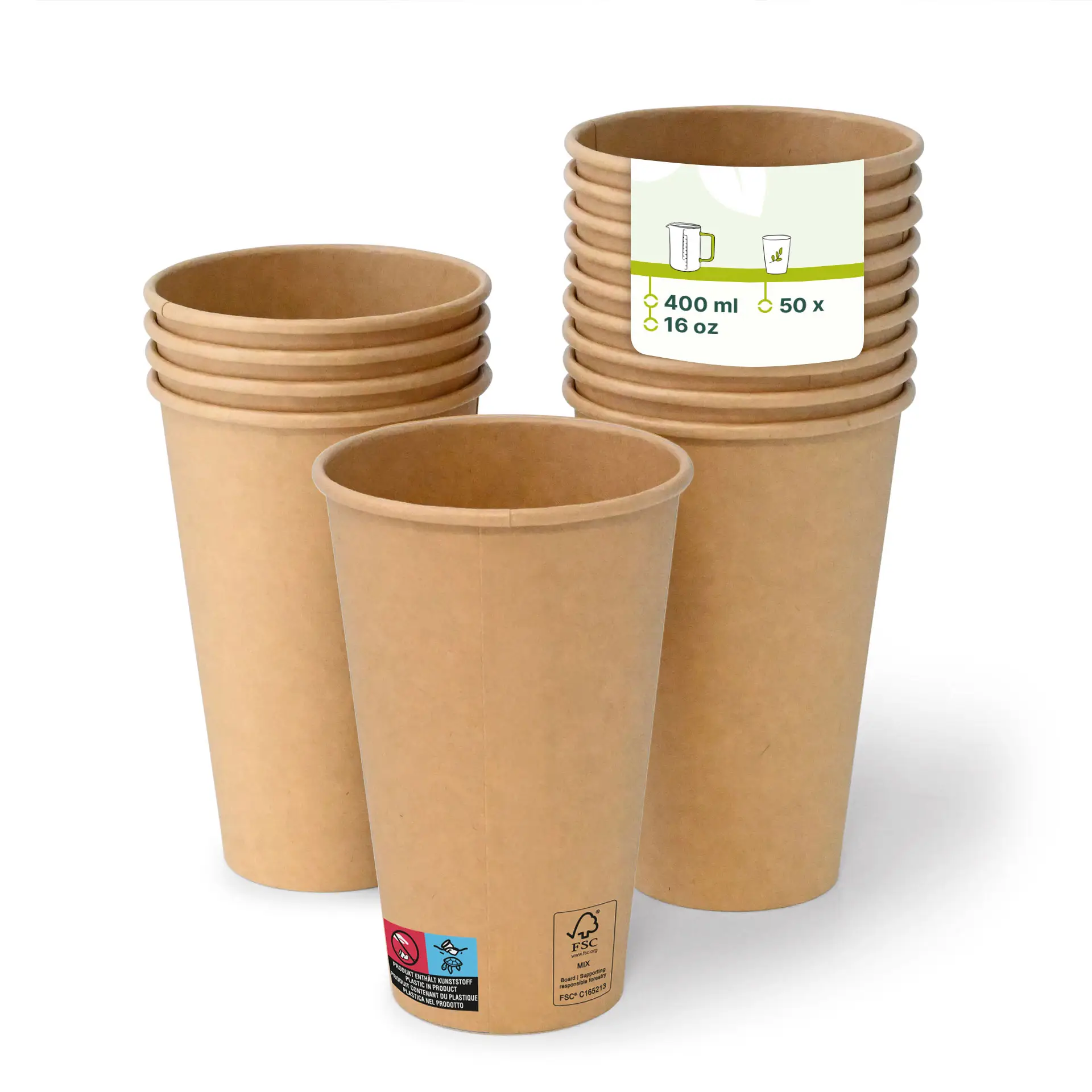 One brown paper cup (16 oz) in focus with others stacked behind; cup features a PE coating and classic design.