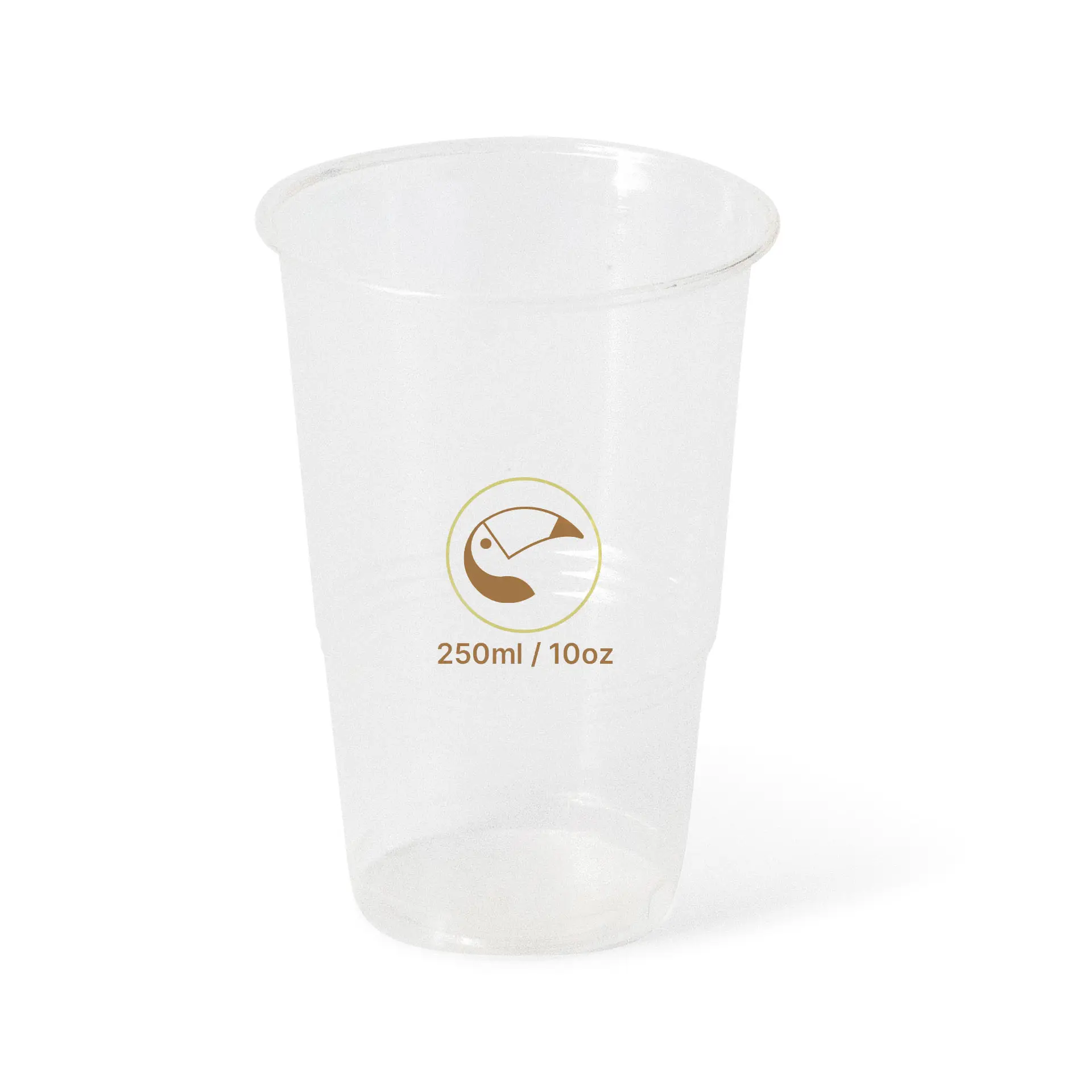 Clear 10 oz PLA cup for cold drinks, featuring a printed capacity label. Durable and stackable design.