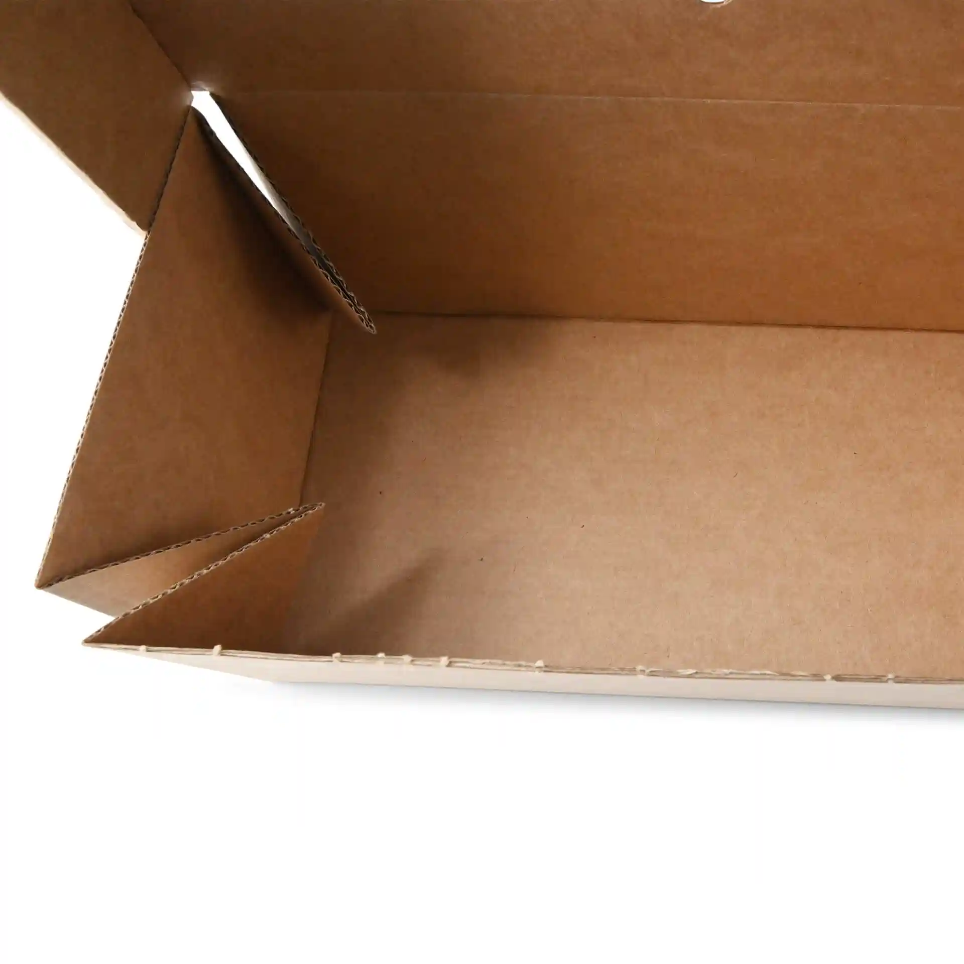 Interior view of a brown cardboard takeaway double burger box, showing its rectangular shape and collapsible design.