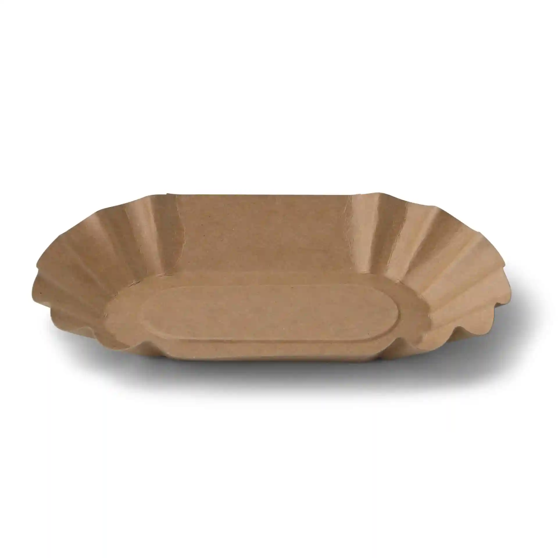 Brown oval paper food tray made of cardboard, measuring 19.5 x 11 x 3 cm, with a deep design and no coating.