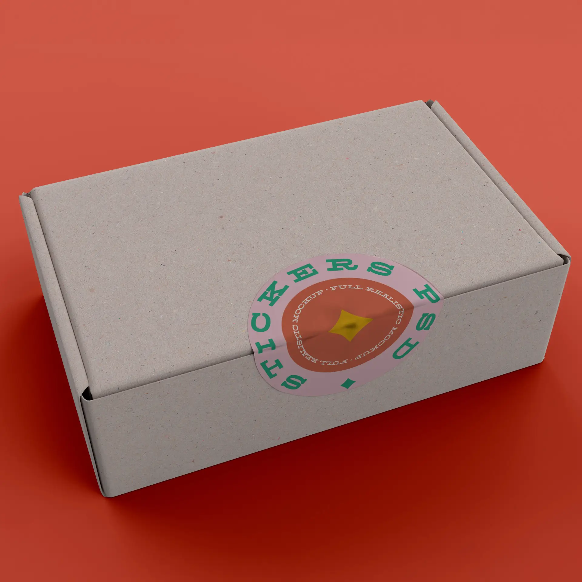 Brown kraft paper box with a circular label that reads "Stickers" in green letters.