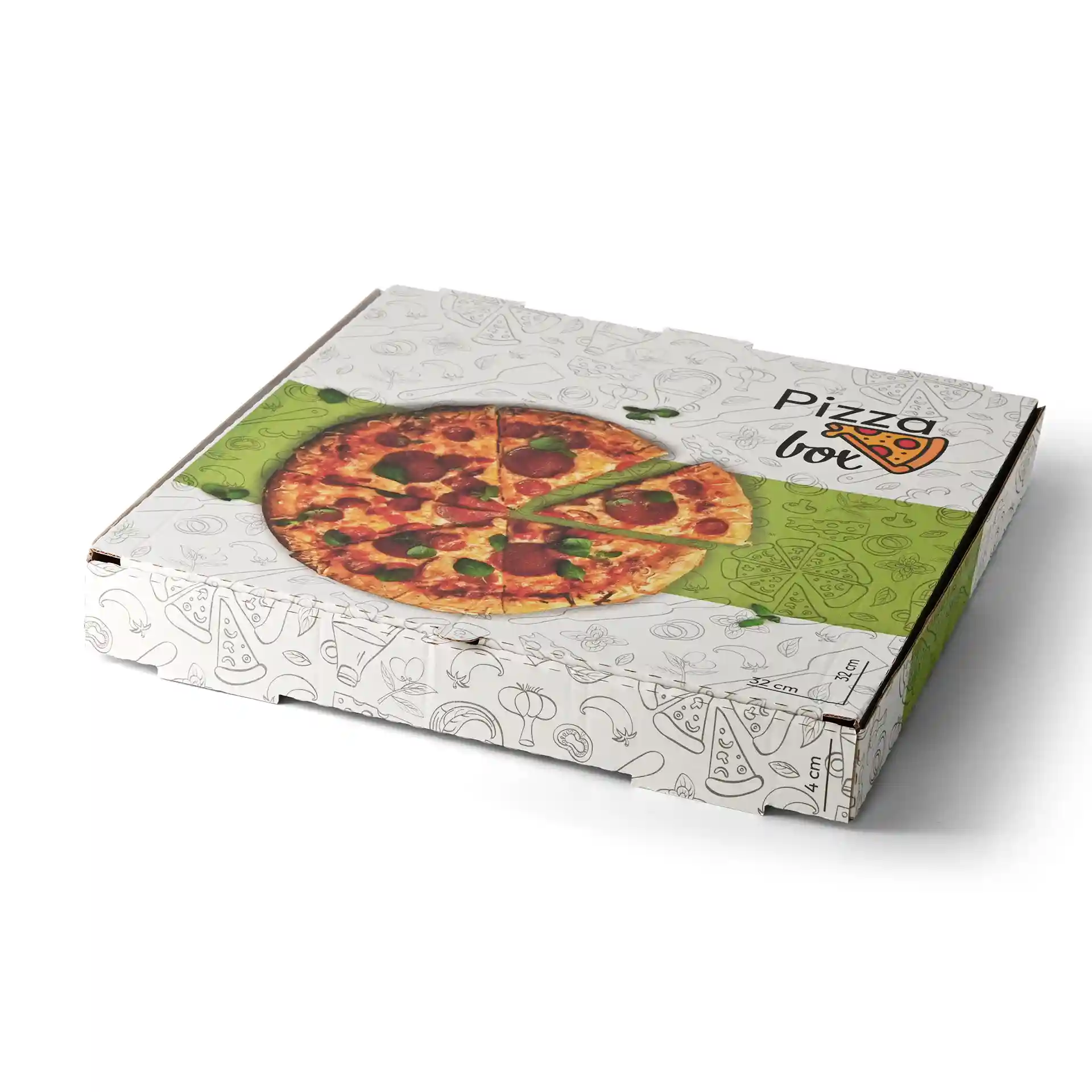 Pizza box with a pizza graphic on top, dimensions 32 x 32 x 4 cm, featuring a white design with food illustrations.