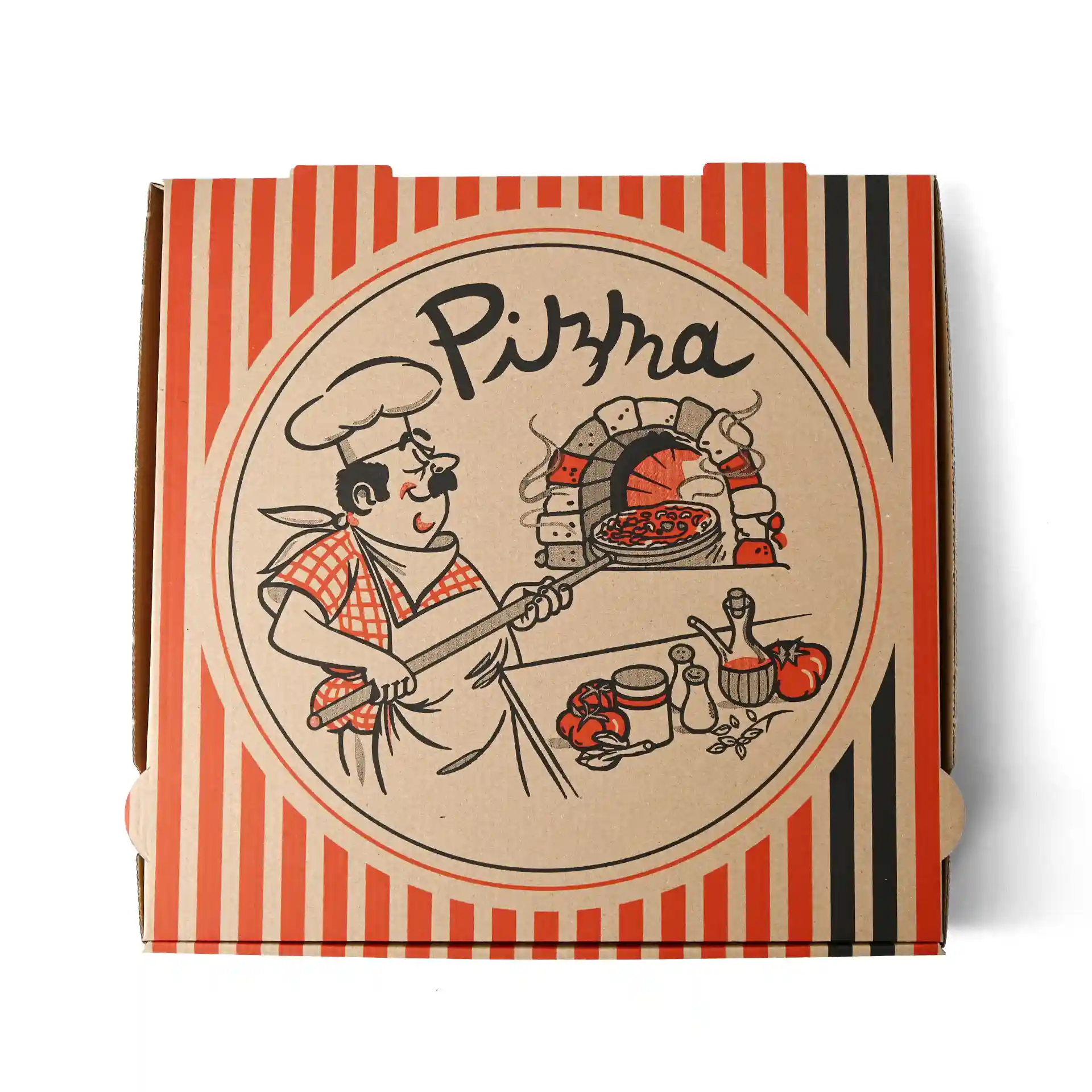 Pizza box with a pizza chef design, brown color, dimensions 30 x 30 x 4 cm.