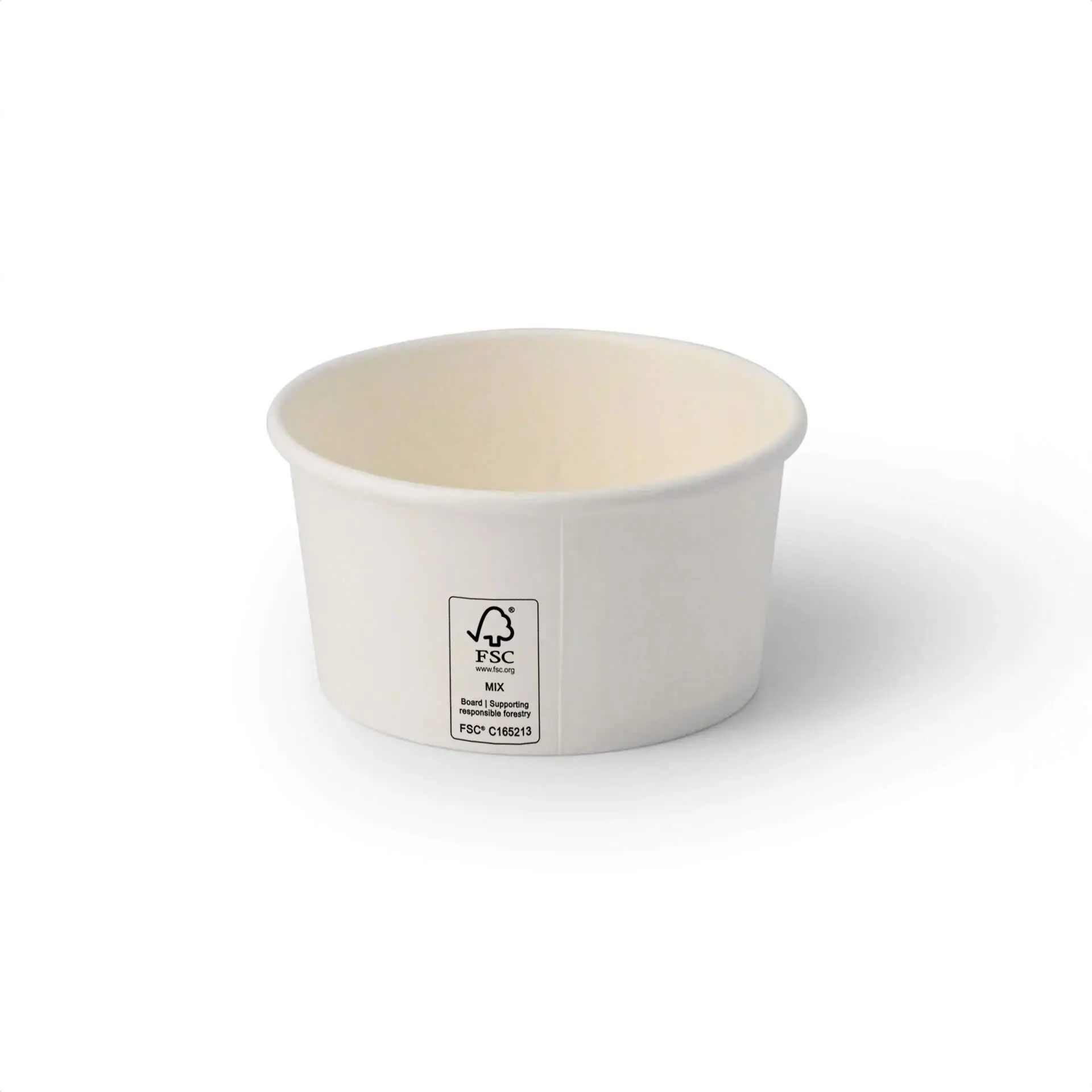 White 6 oz ice cream cup with PE coating, featuring FSC label and "Climate Safe 360" branding. Suitable for takeout desserts.