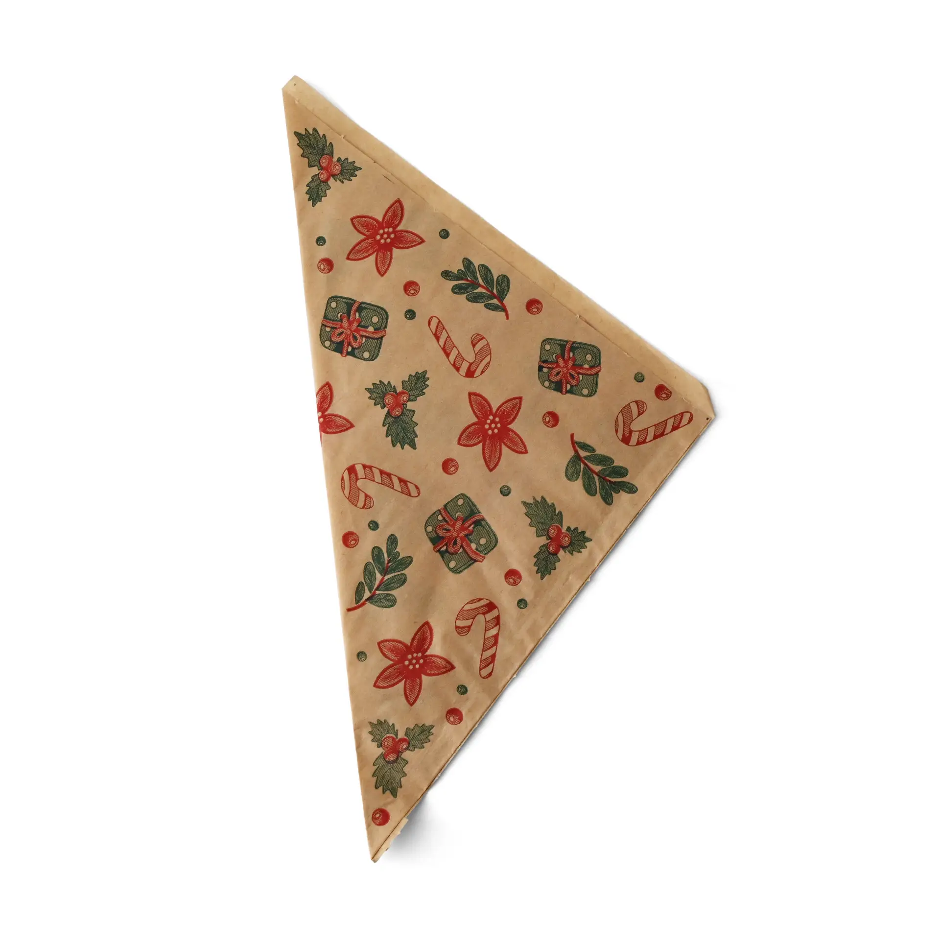 Brown paper carrier bag with winter design featuring red flowers, gifts, candy canes, and green leaves.