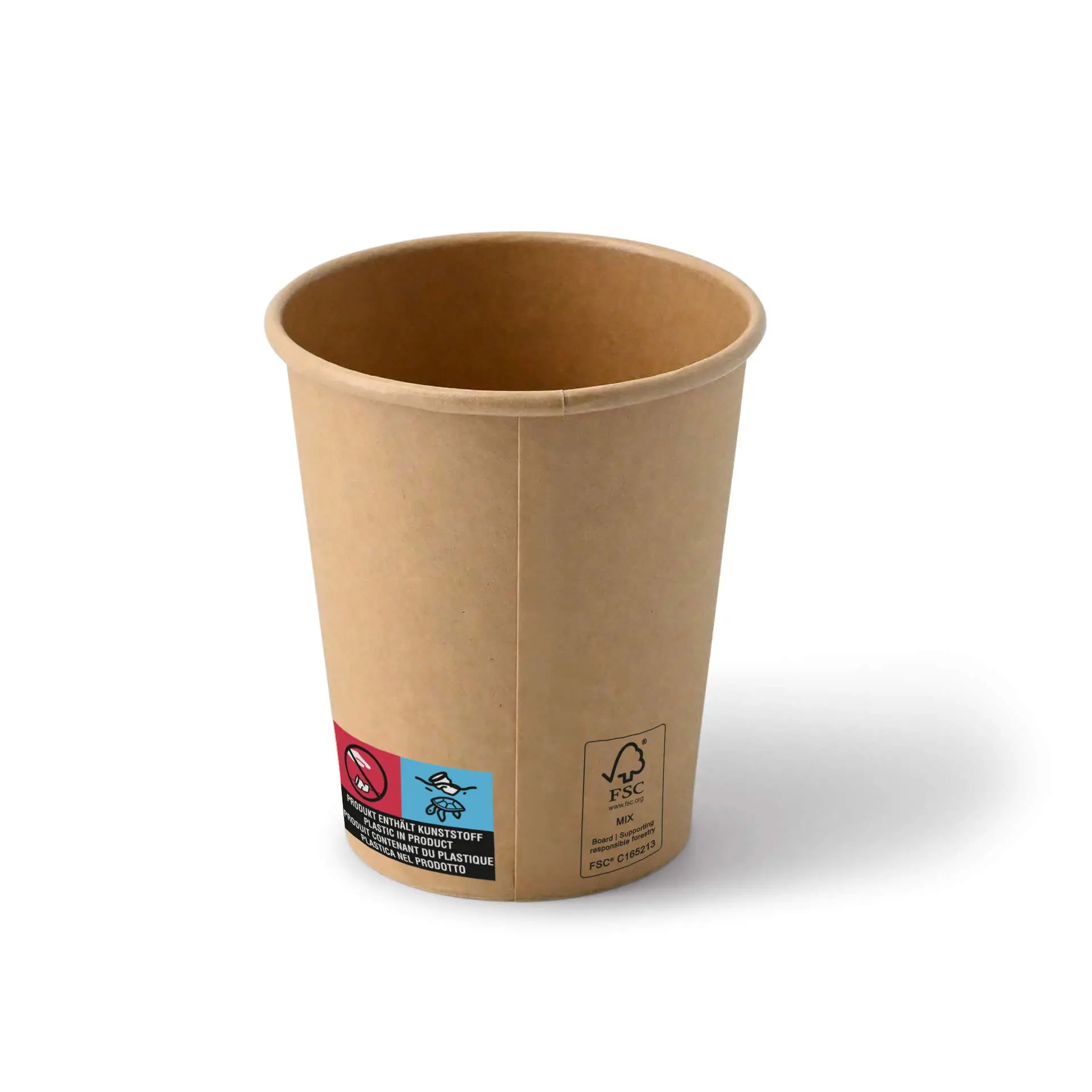 Brown 8 oz paper cup with a wide opening and PE-coated interior; features Eco certification labels on the side.