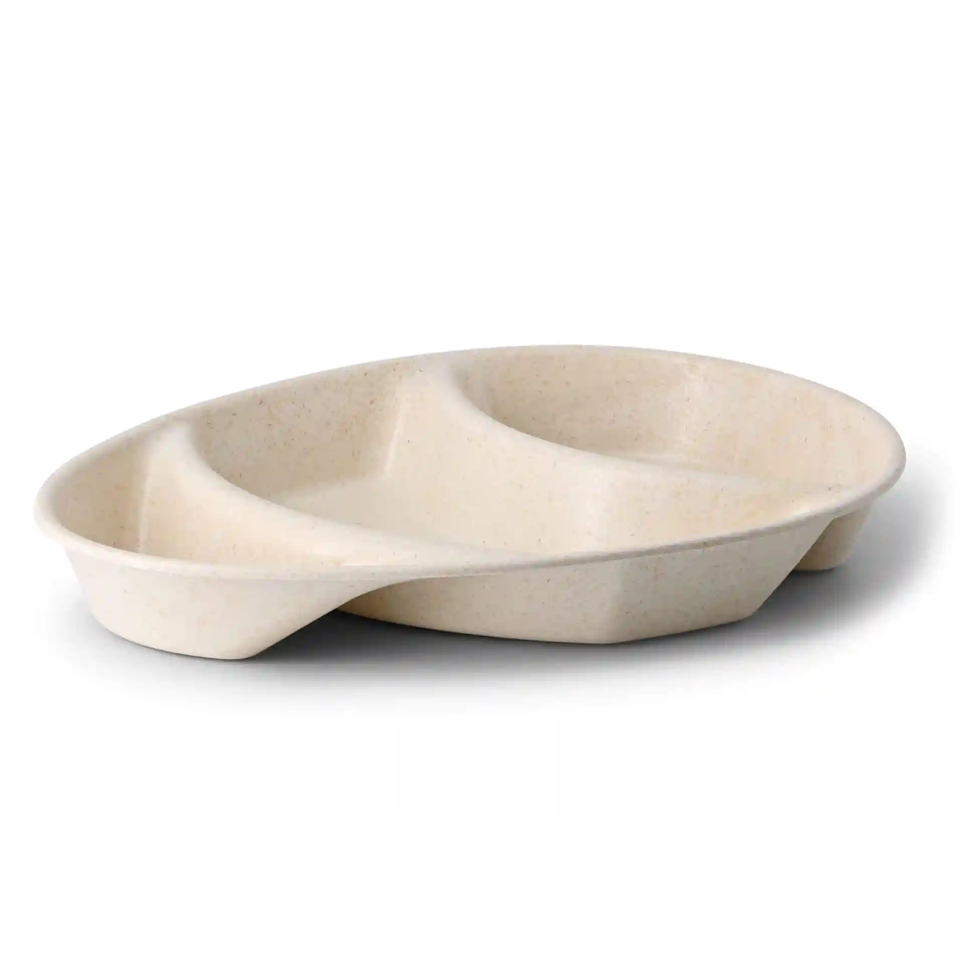 Creamy white reusable plate with three compartments, teardrop shape, measuring 27.5 x 20 cm.
