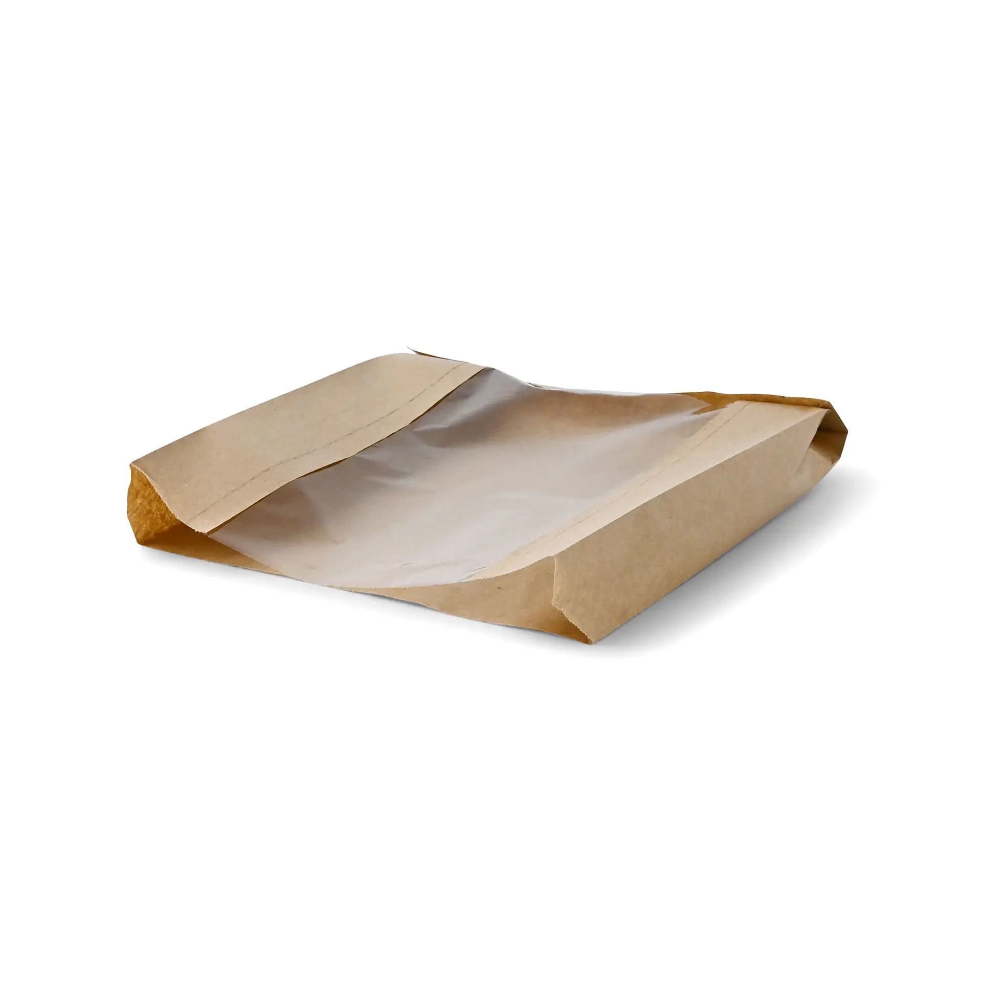 Flat brown paper bread bag with a clear PLA window; suitable for hot and cold foods, biodegradable material.