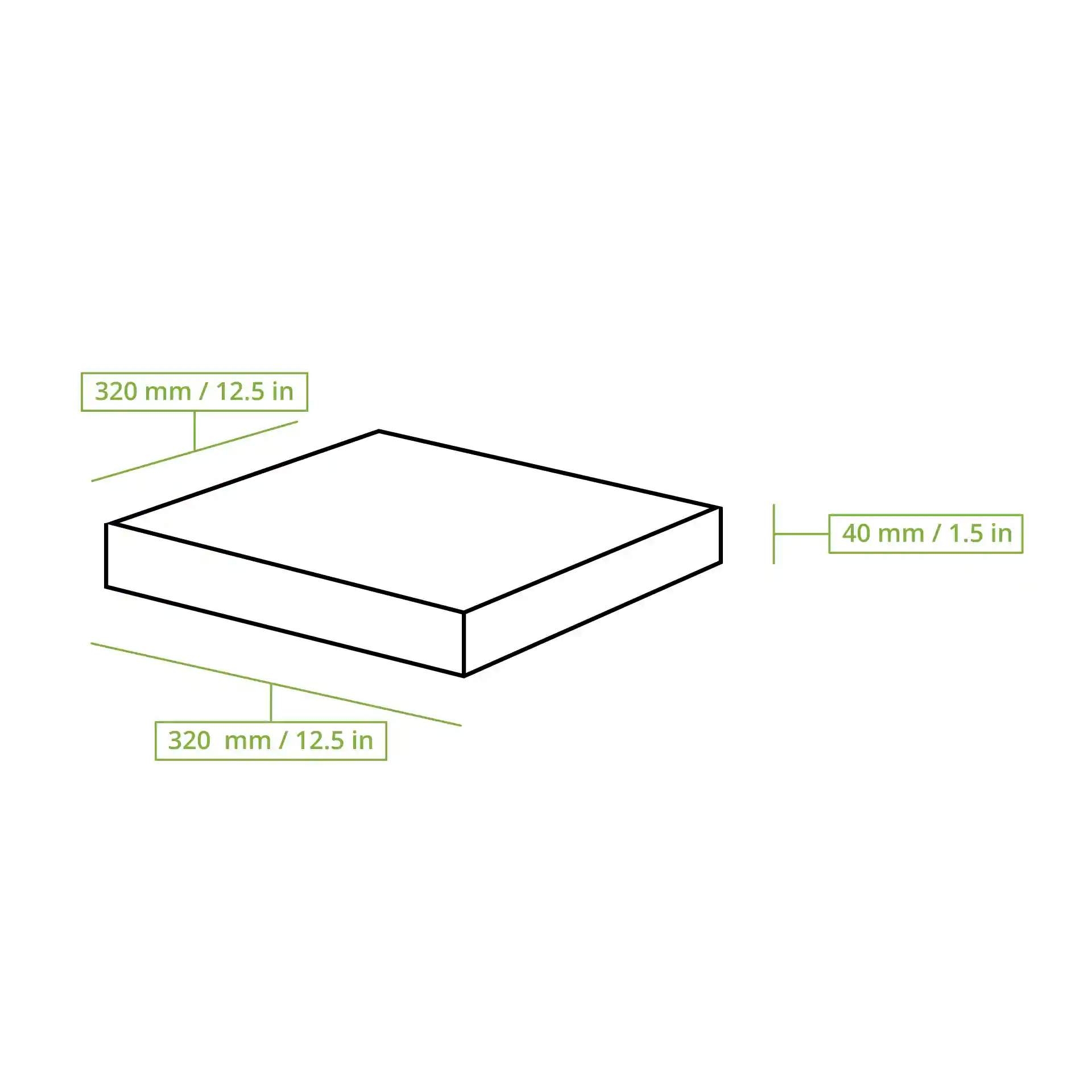 Schematic drawing of a pizza box with dimensions 320 mm by 320 mm and height 40 mm.