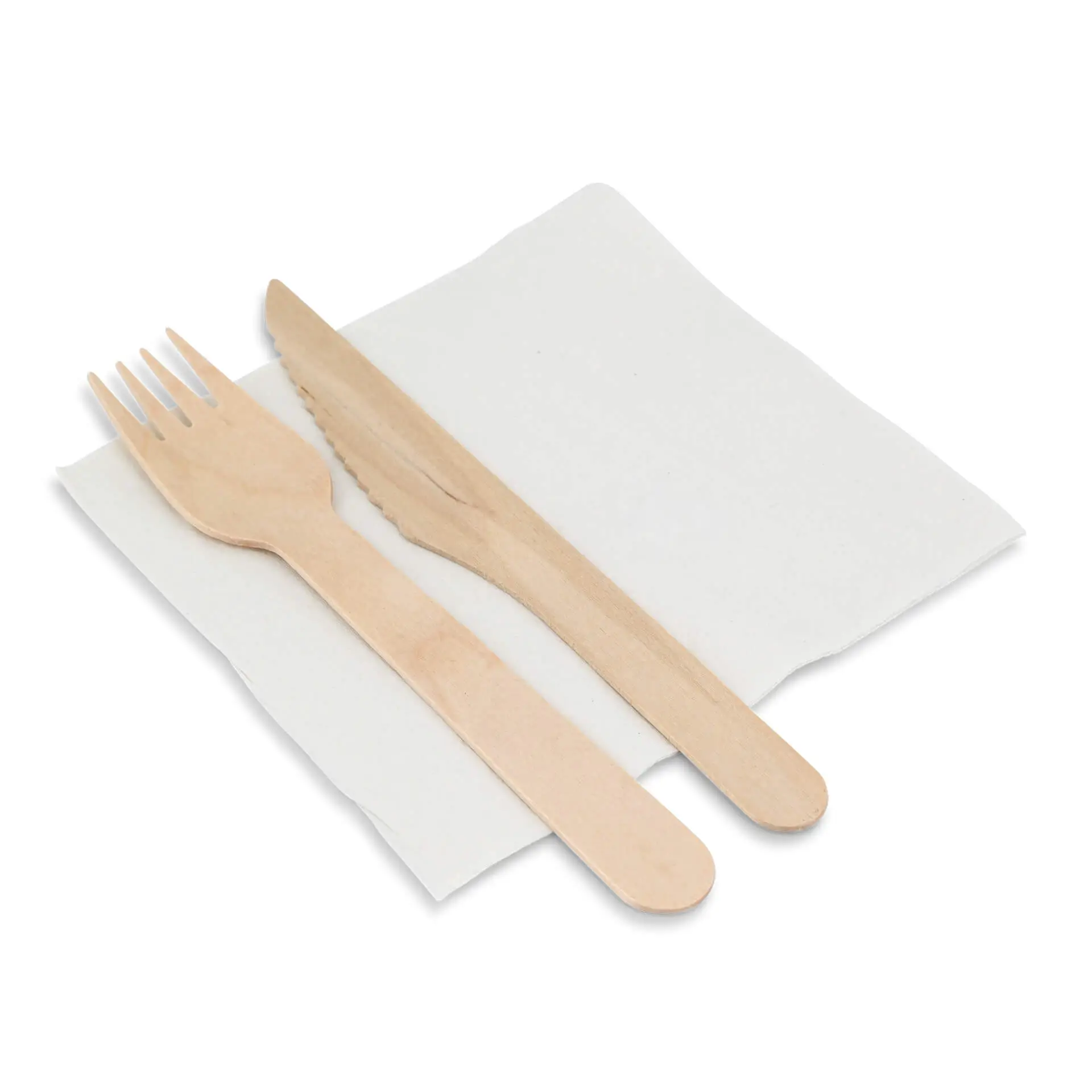 Wooden fork and knife on a white 2-ply napkin, with a recycling symbol printed on it.