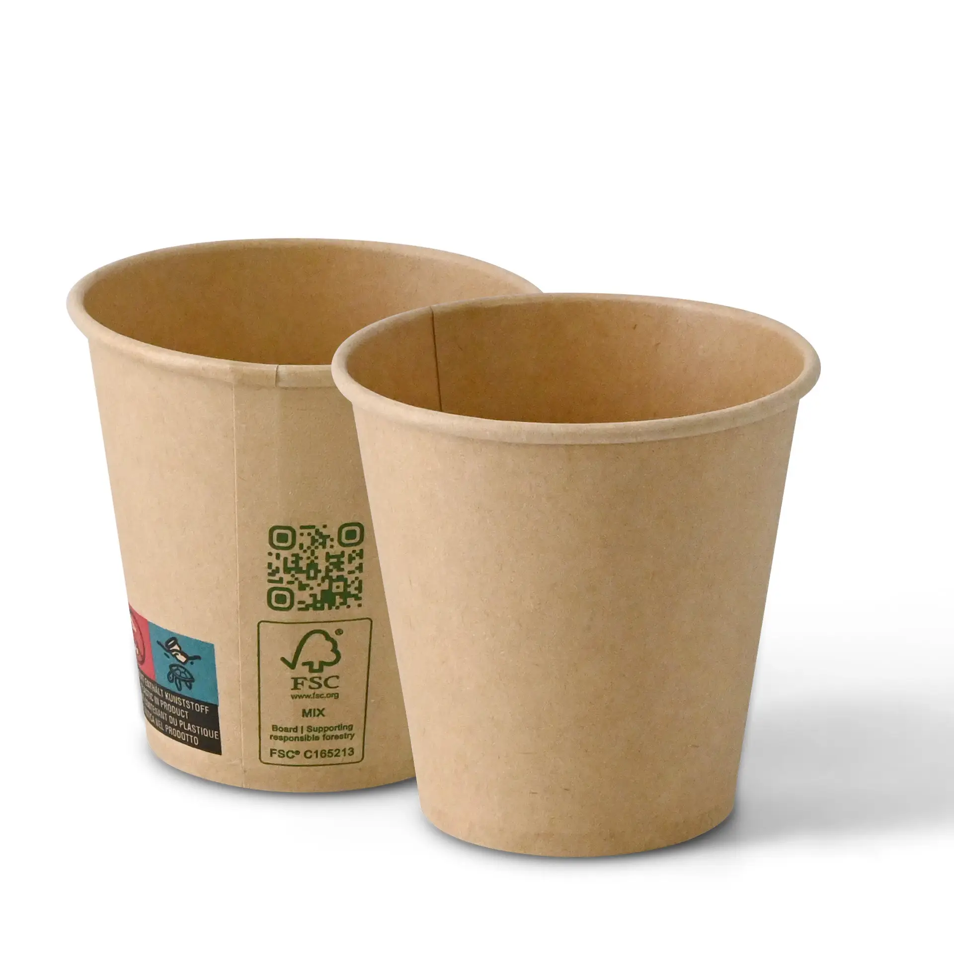 Single-wall brown paper cup, 150 ml, with PLA coating; features QR code on the side and a matching cup in the background.