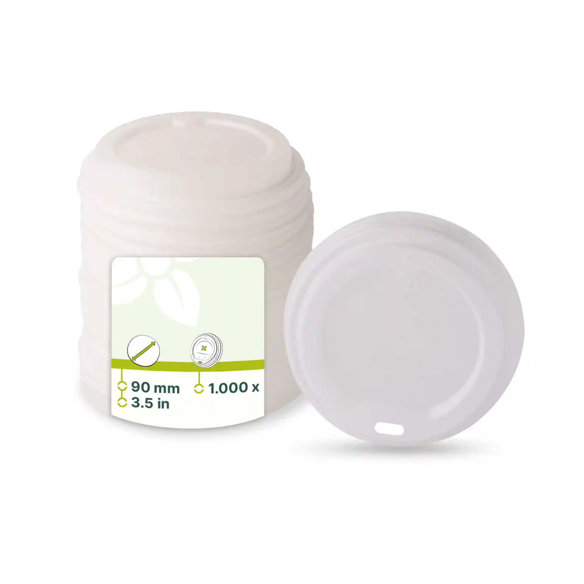White CPLA lid with a drinking hole, 90 mm diameter, stacked with one lid visible beside it.