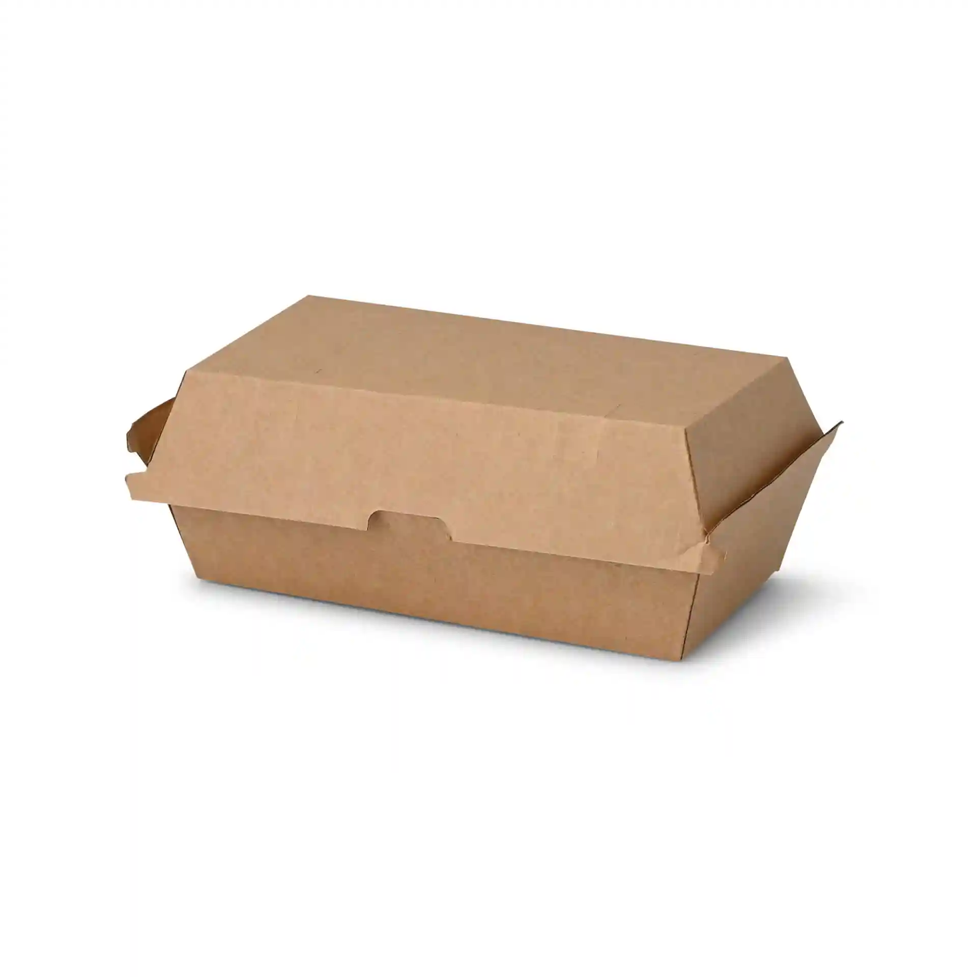 Brown cardboard food box with hinged lid, measuring 24.8 x 13 x 7.5 cm, rectangular shape.