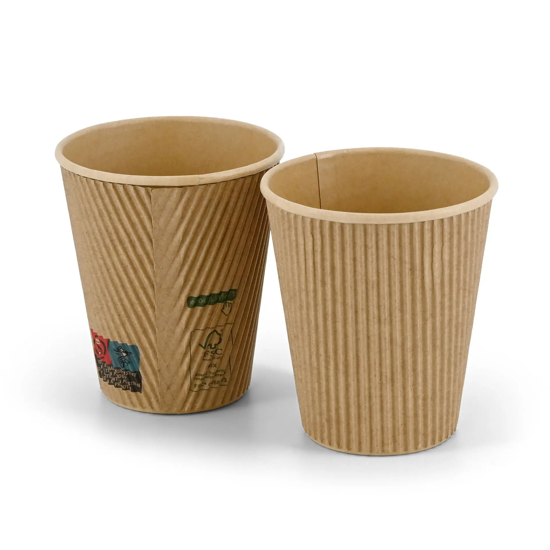 Two kraft paper cups with ribbed texture, one slightly taller, both with a diameter of 90 mm.