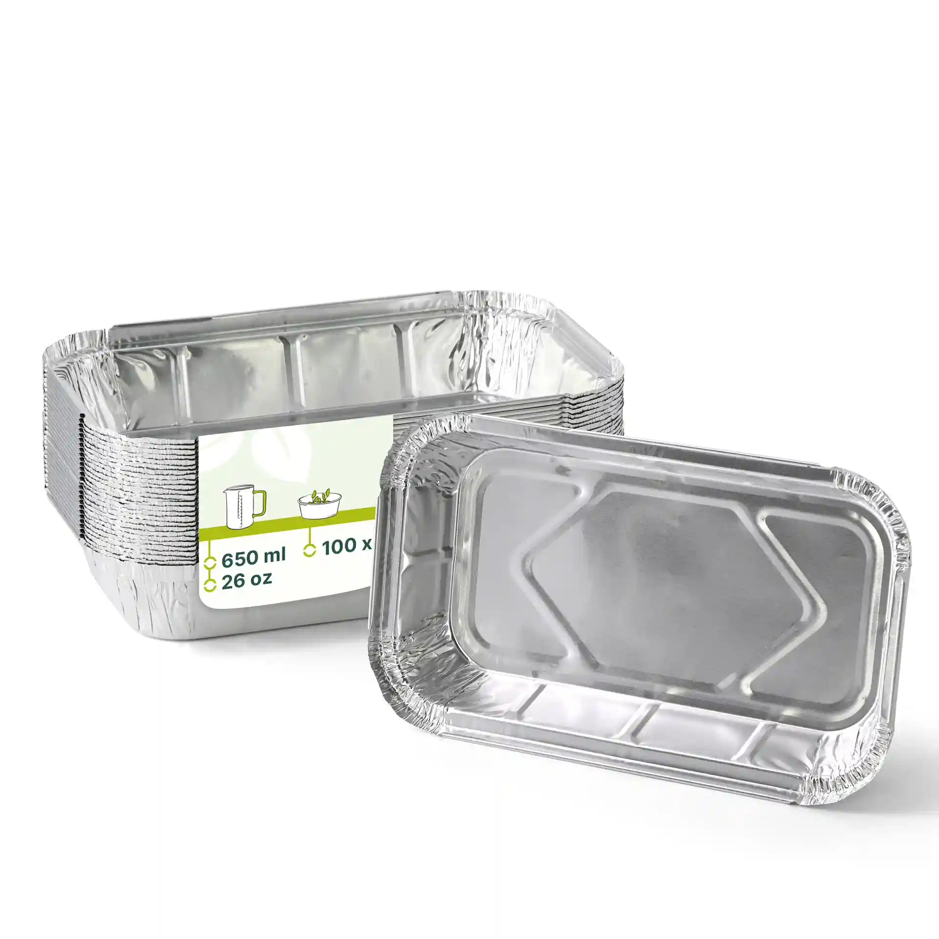 Rectangular aluminium containers measuring 22.4 x 13.2 x 3.4 cm, with a filling volume of 650 ml.