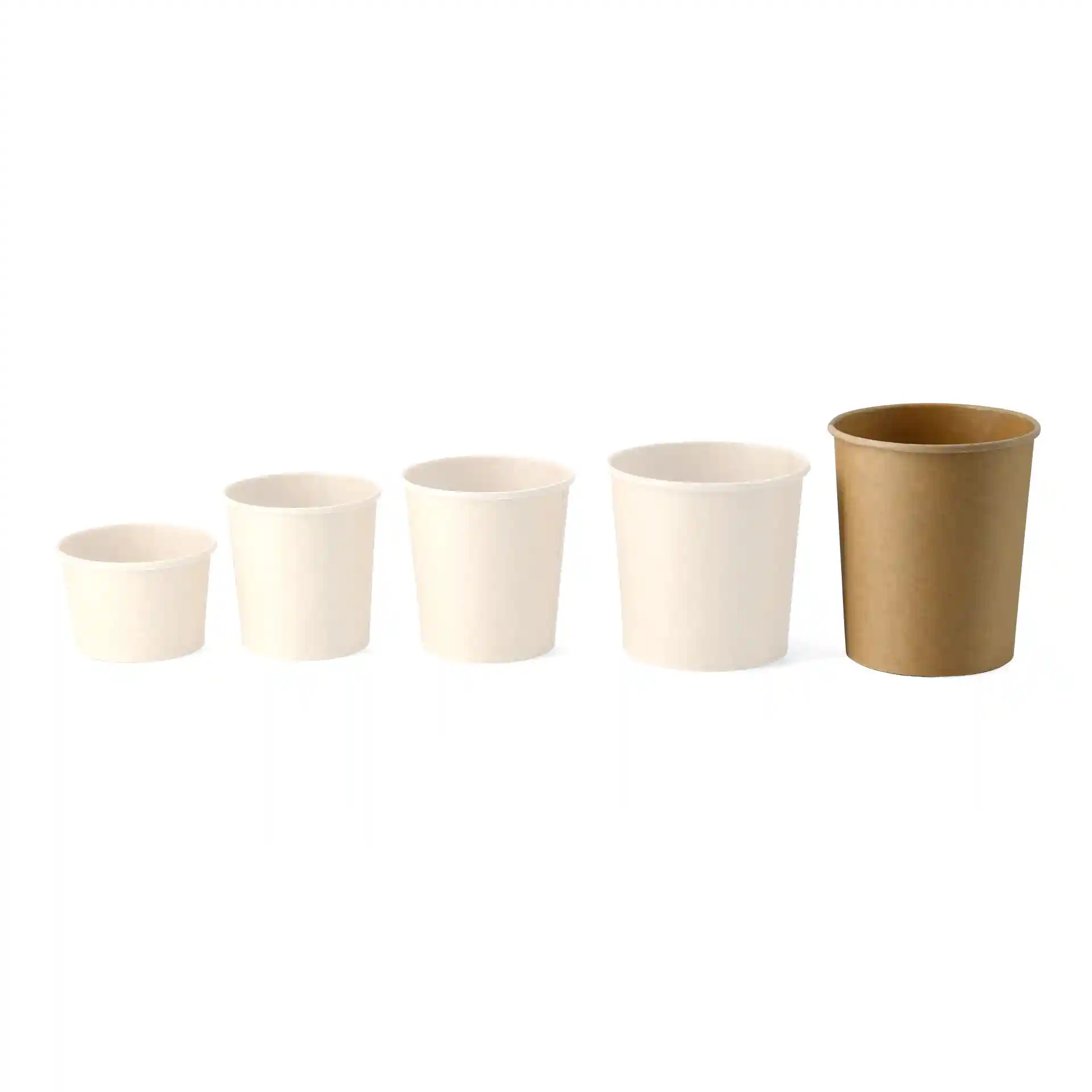 Image shows five round cardboard cups in varying sizes, with the largest cup in brown and the others in white.